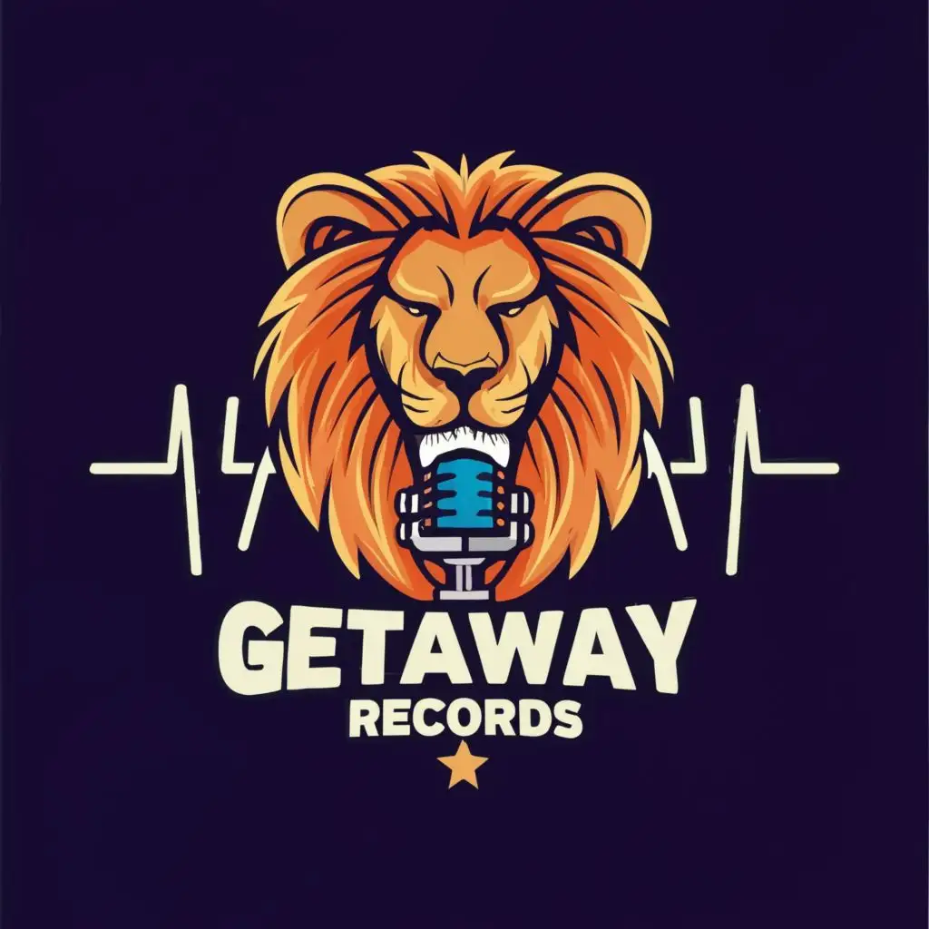 logo, Lion,  Microphone, heart beat line, with the text "GetAway Records", typography, be used in Entertainment industry