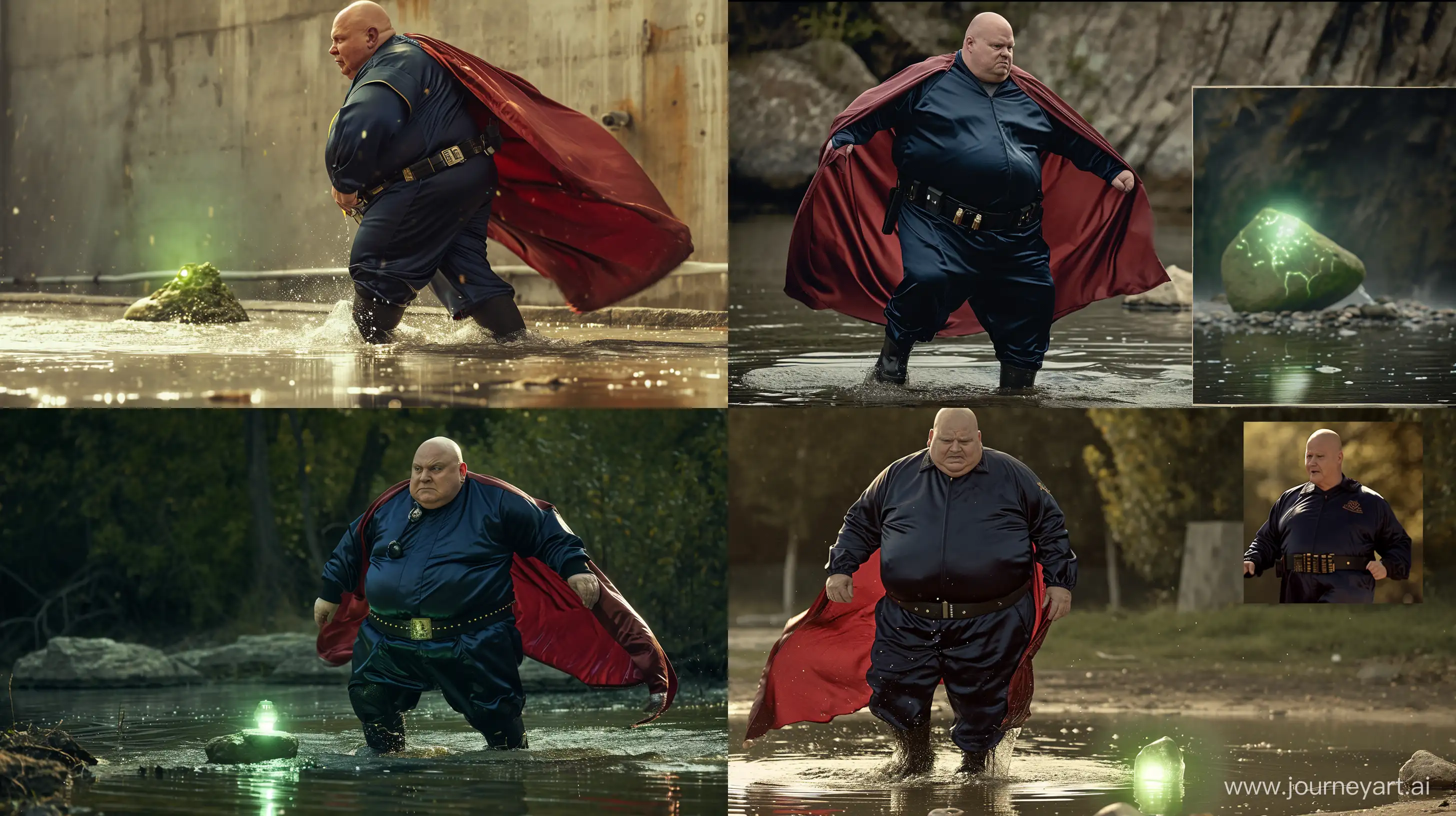 Lateral photo of a chubby man aged 70 wearing a silky navy tracksuit. Black tactical belt and boots. Large red silky cape. He is backing away in water from a small green glowing rock in front of him. Bald. Clean Shaven. Outside. --style raw --ar 16:9 --v 6