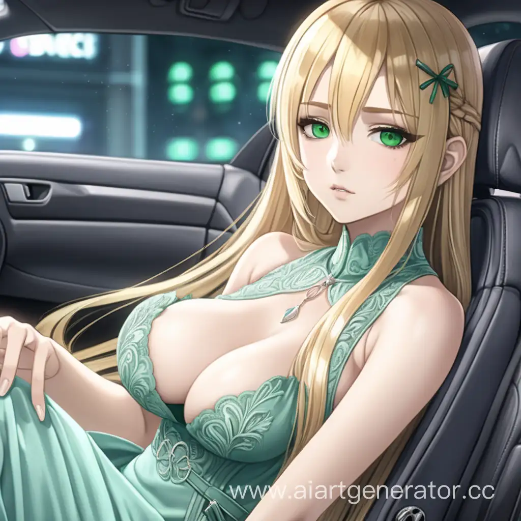 a short girl, big breast, long straight blond hair and green eyes, She is sitting in the car seat, she is wearing a seductive dress and looks gorgeous ,anime style