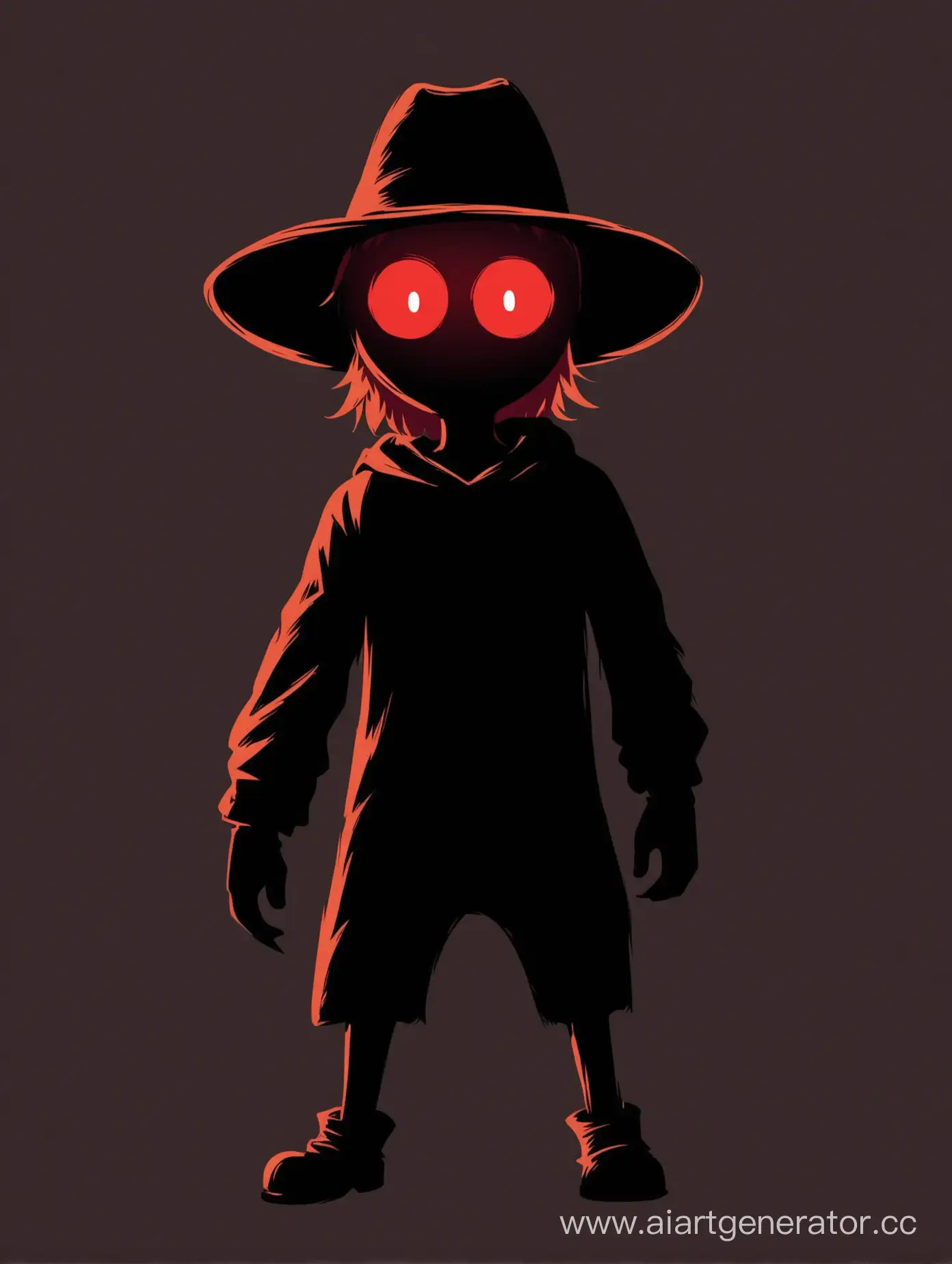 Нарисуй человека-тень хоббихорсера, в чёрной толстовке, с шапкой ковбоя, и красными глазами