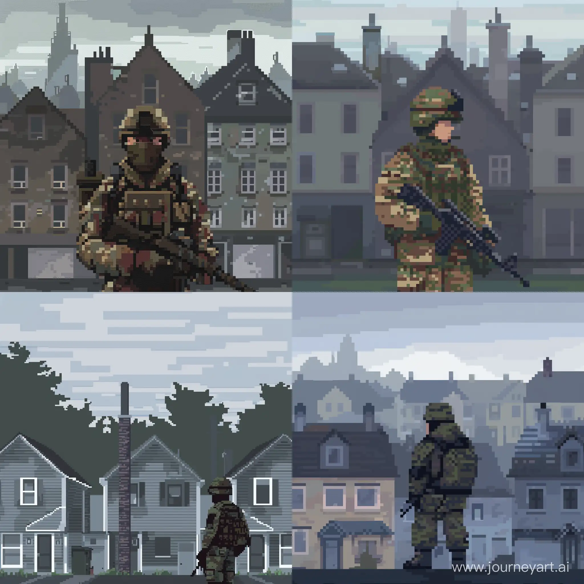 Солдат на фоне серых домов, в пиксельном стиле