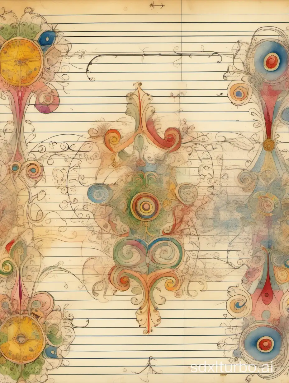 an old vintage ledger paper with straight lines, decorated all around with colorful squiggles, flourishes, helices and dots, richly detailed delicate and intricate drawing and watercolor painting
