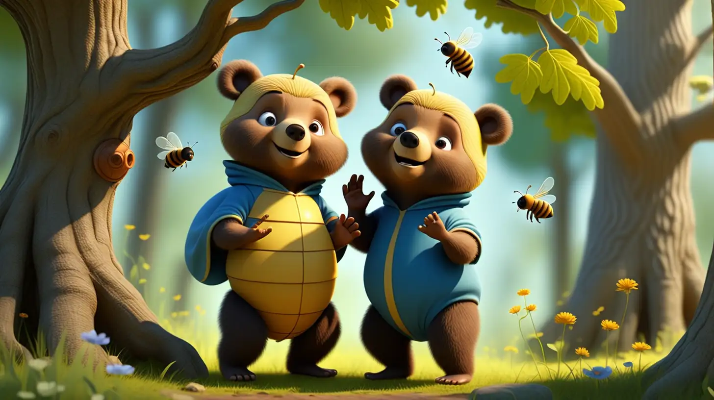 Curious Bear in Blue Jumpsuit Seeks Honey Beneath Oak Tree with Beehive