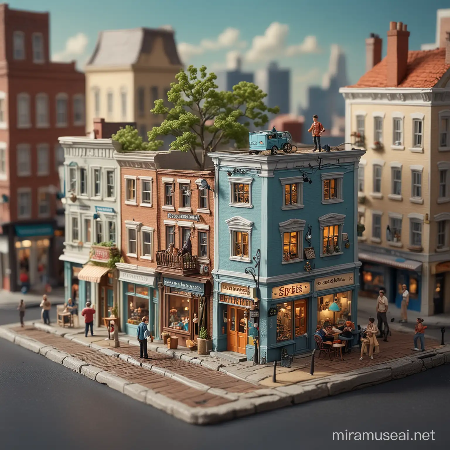 A person is depicted interacting with a miniature city block that offers a glimpse into a bustling urban landscape. The slice of urban life features vibrant storefronts with colorful signage, and tiny shoppers strolling past, adding a sense of liveliness and activity to the miniature world. Atop this miniature city block, the person is playfully engaged, tinkering with a small house-like structure that forms part of the urban model. Their expression conveys a sense of joy and fascination as they interact with this tiny world, blurring the boundaries between the small-scale model and real-life reality. This playful interaction adds a touch of whimsy to the scene, inviting viewers to embrace the magic and wonder of the moment. The person's fond gaze towards their creation suggests a deep connection or sense of ownership with this miniaturized world, evoking feelings of creativity, imagination, and perhaps a hint of nostalgia. The clear blue sky in the background serves to emphasize the light-hearted and carefree nature of the scene, enhancing the overall sense of playfulness and joy. This playful and surreal image beautifully captures the essence of creativity, imagination, and the joy of engaging with a miniature world that blurs the line between reality and fantasy. It invites viewers to embrace a sense of wonder and delight, celebrating the magic of imagination and the joy of playful exploration in a visually captivating and emotionally resonant scene.