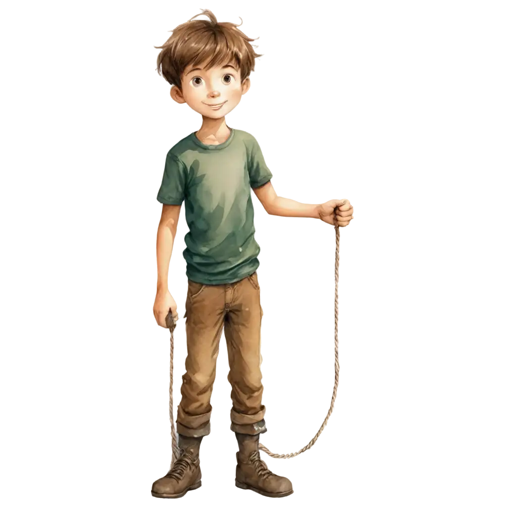 cartoon boy, standing, has rope, he ispainted, watercolors, like outdoors, 10 years old, brown hair, a little mud on pants
