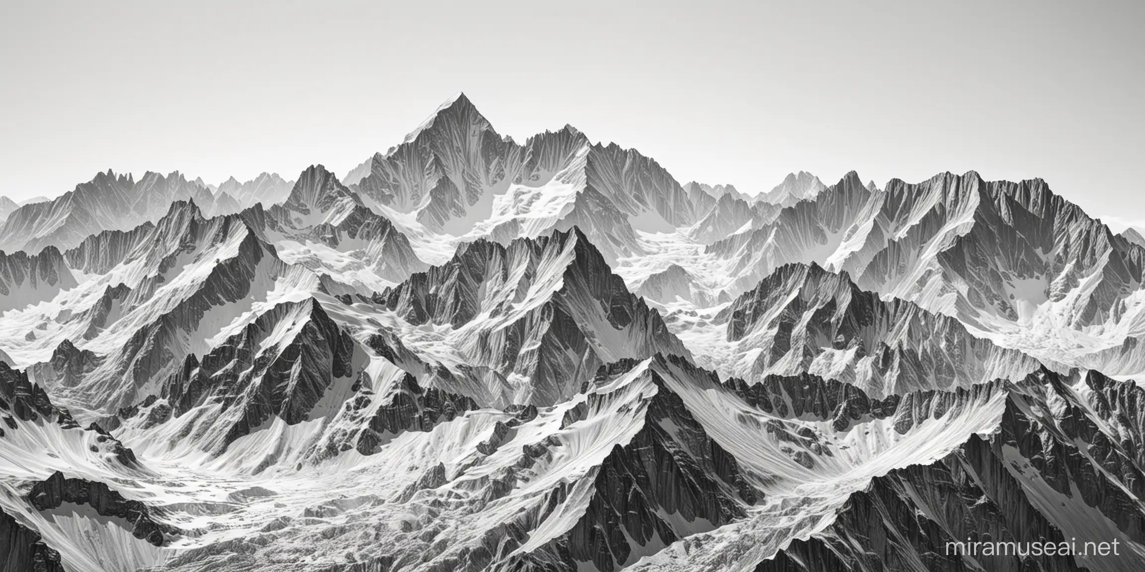 Majestic Mountain Range on White Background with High Contrast and Interconnected Lines