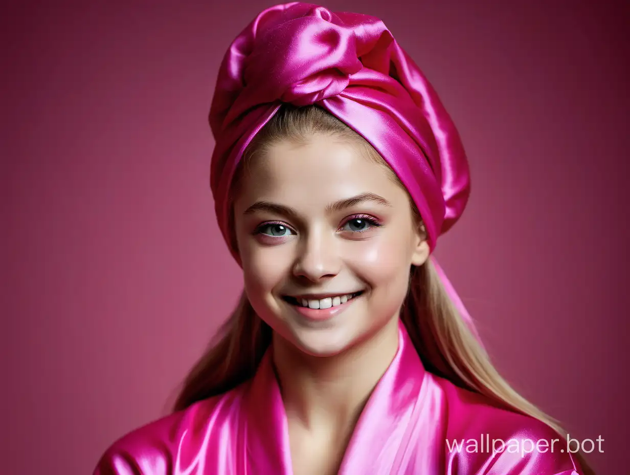 Yulia Lipnitskaya smiles beautifully with long hair in a silk robe of pink fuchsia color with a pink silk towel turban on her head