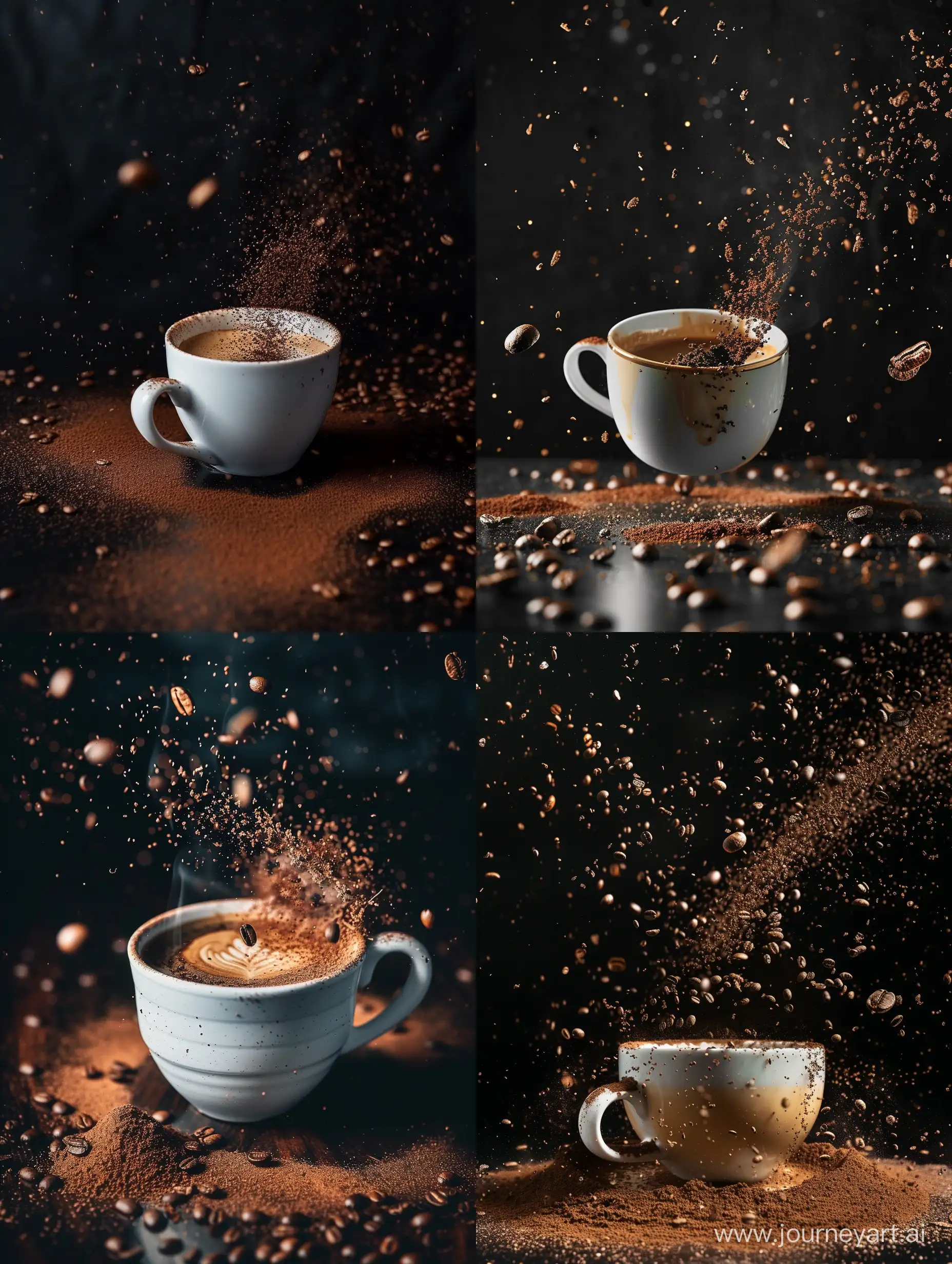 A cup of coffee with coffee grounds flying in the air