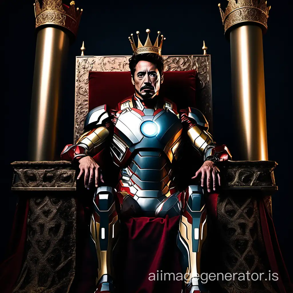 Iron man from marvel, wearing a Royal Crown and sitting on a royal throne,fancy, Royalty,hero,black background, cinematic, Royal vibe