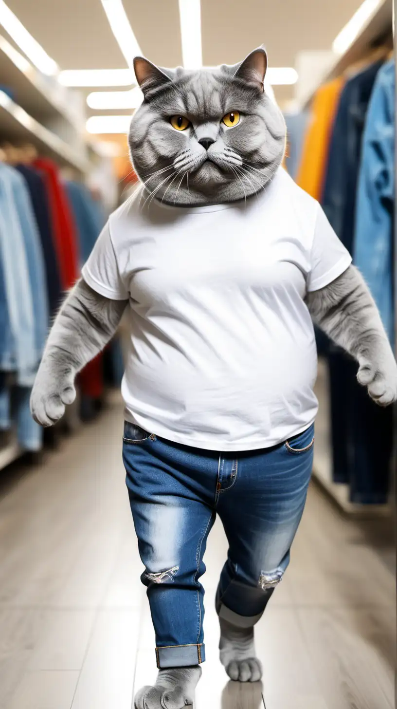 Adorable Gray Cat in Casual Wear Explores Trendy Clothing Store