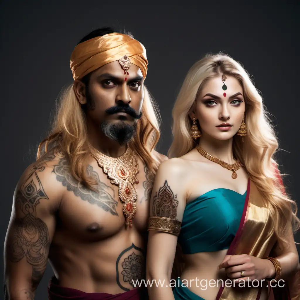 An Indian wizard with a fierce face, accompanied by a fair-skinned Caucasian beauty with long golden hair. The beauty is dressed in Indian saree, has chest tattoos, wears Indian makeup, and gazes at the Indian wizard.