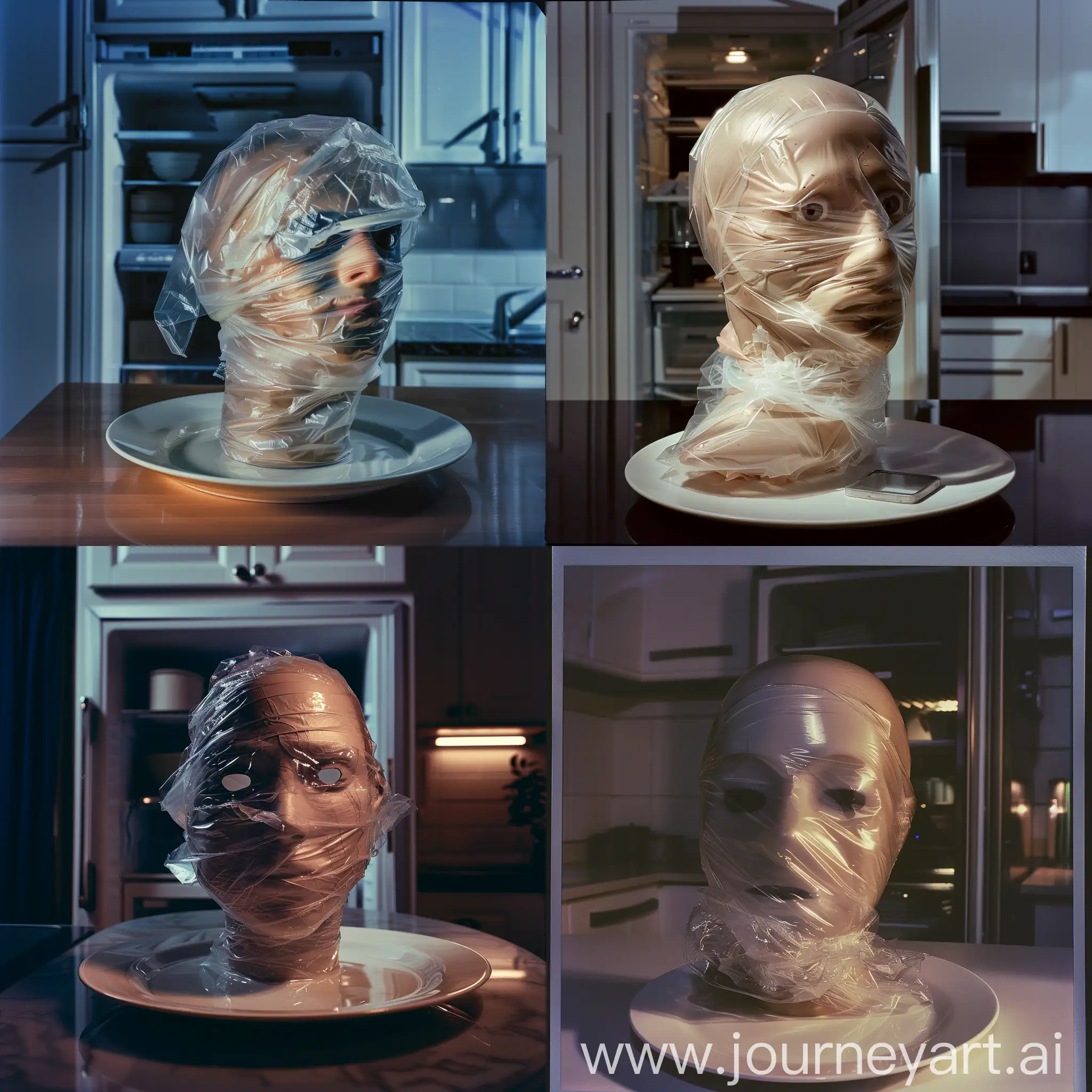 old polaroid photo style, evidence photo style, A handsome male detached prototype head wrapped with plastic film on a plate, with blank eyes rolled back, good looking young male head wrapped with transparent plastic film, only the head, face wrapped in plastic film, prototype head inside a fridge, kitchen at night background, with lights turned off, low lighting