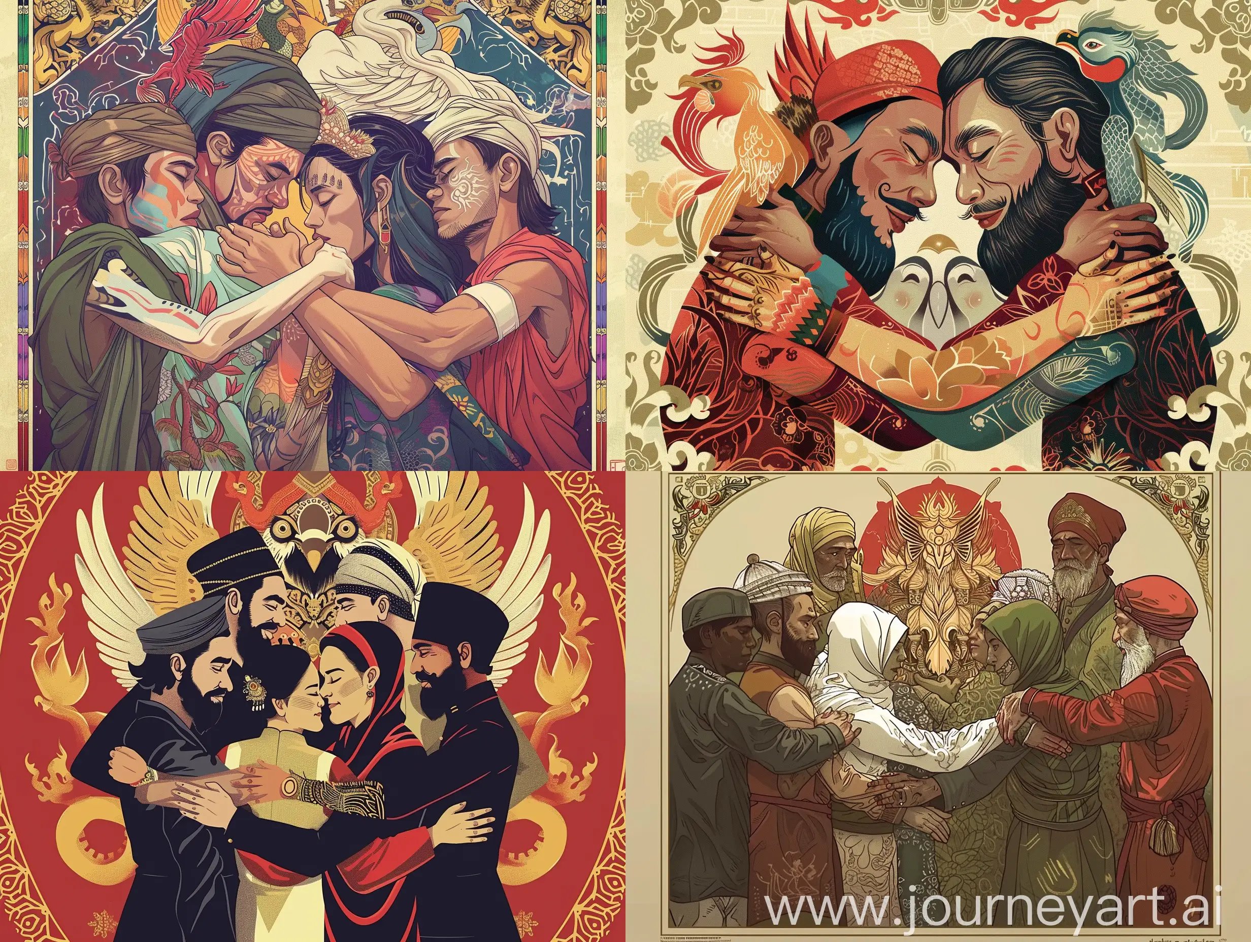 make me a poster containing different races and religions embracing each other and then there is the symbol of the Indonesian state, the Garuda
