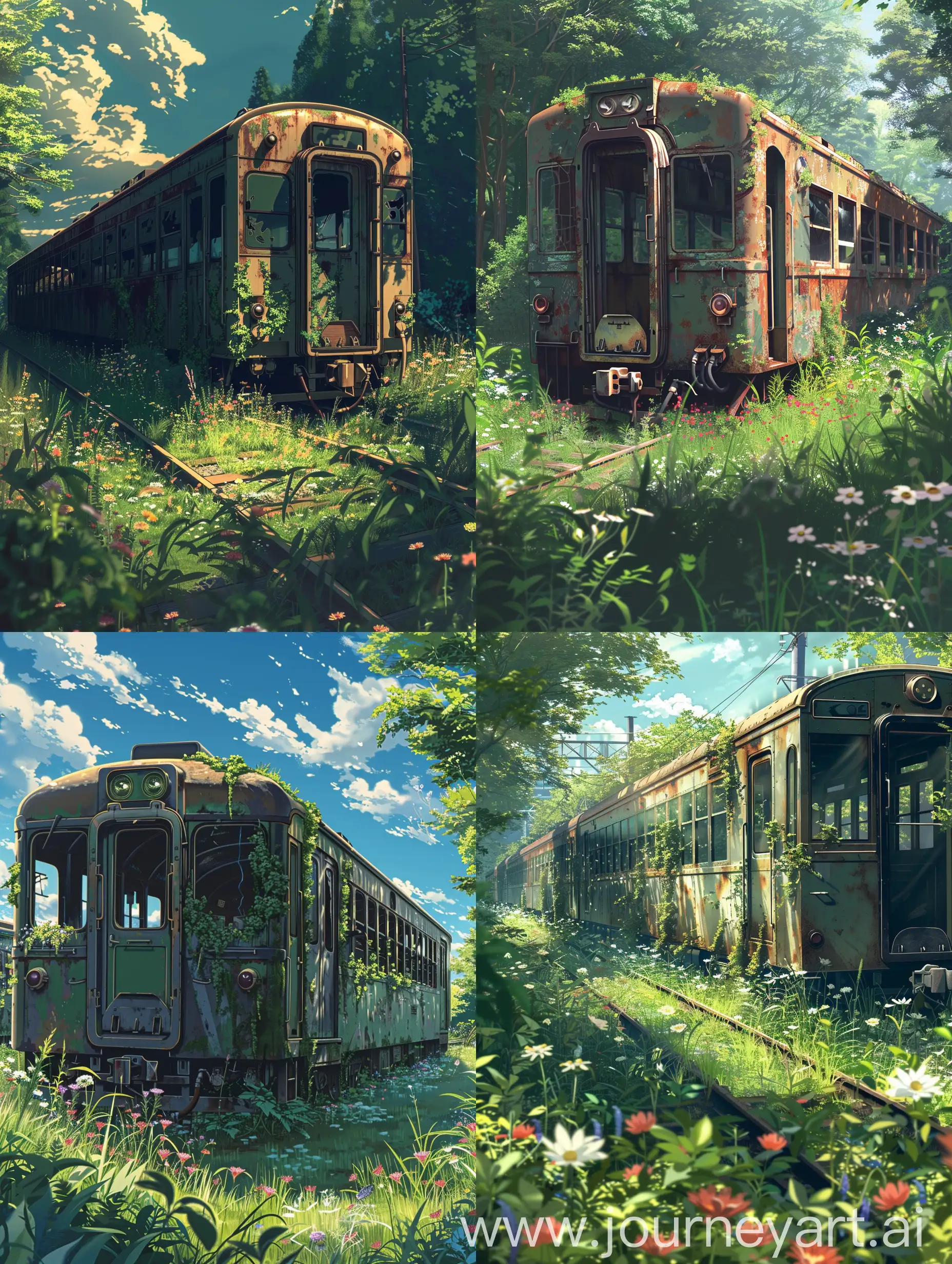 anime style, An old abandoned train carriage surrounded by grass and flowers.