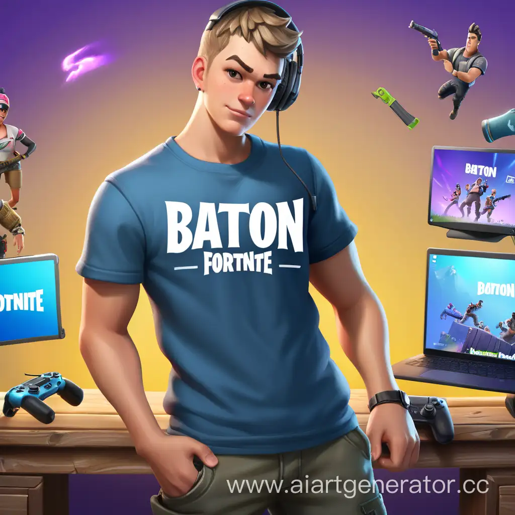 Молодой парень в футболке с надписью iBaton, играет в фортнайт
