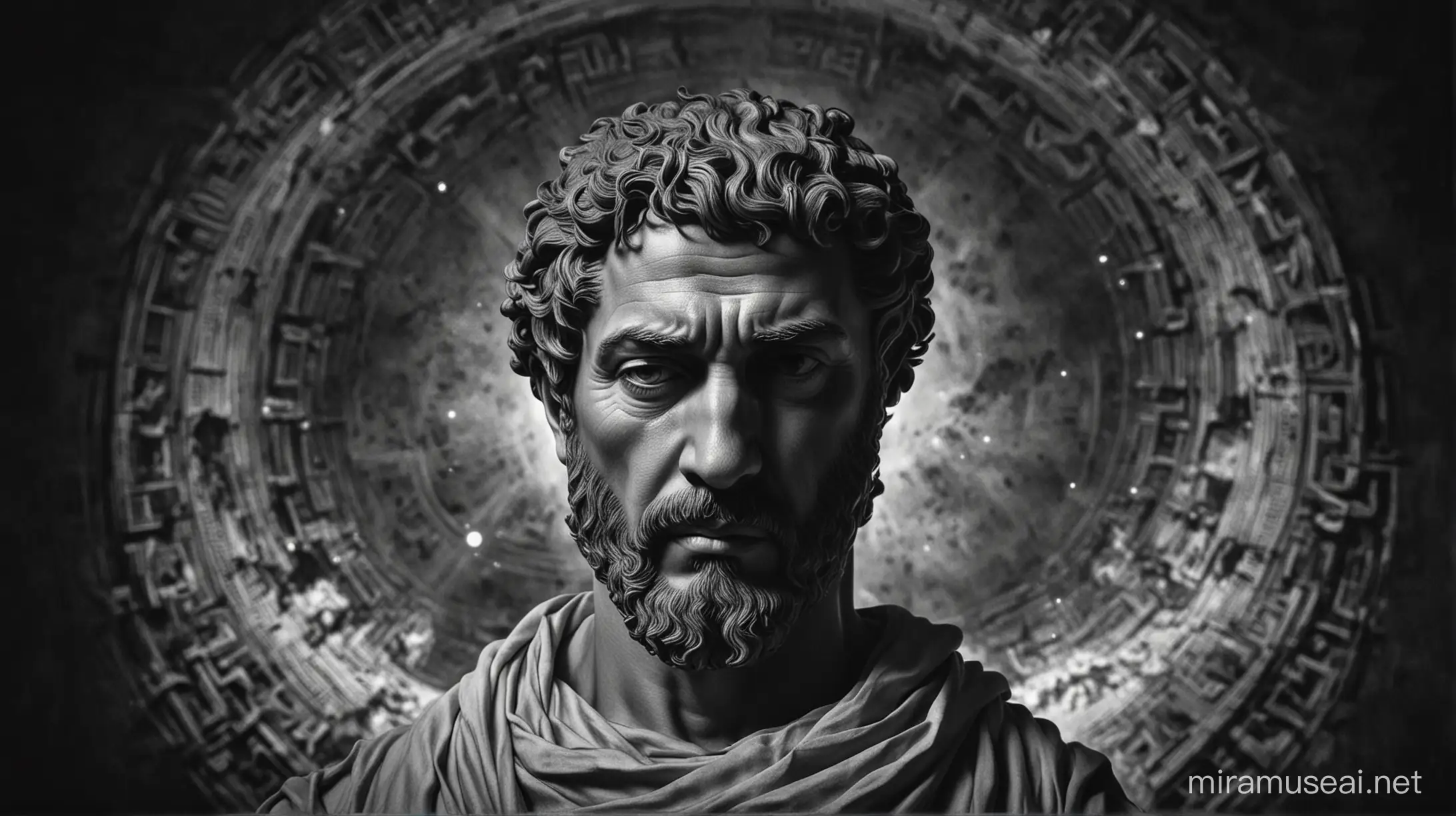 A full photo of a powerful stoic man looking calm at the center of the image looking down. The bg should be dark and clear. The image should be black and white and must look philosophical
