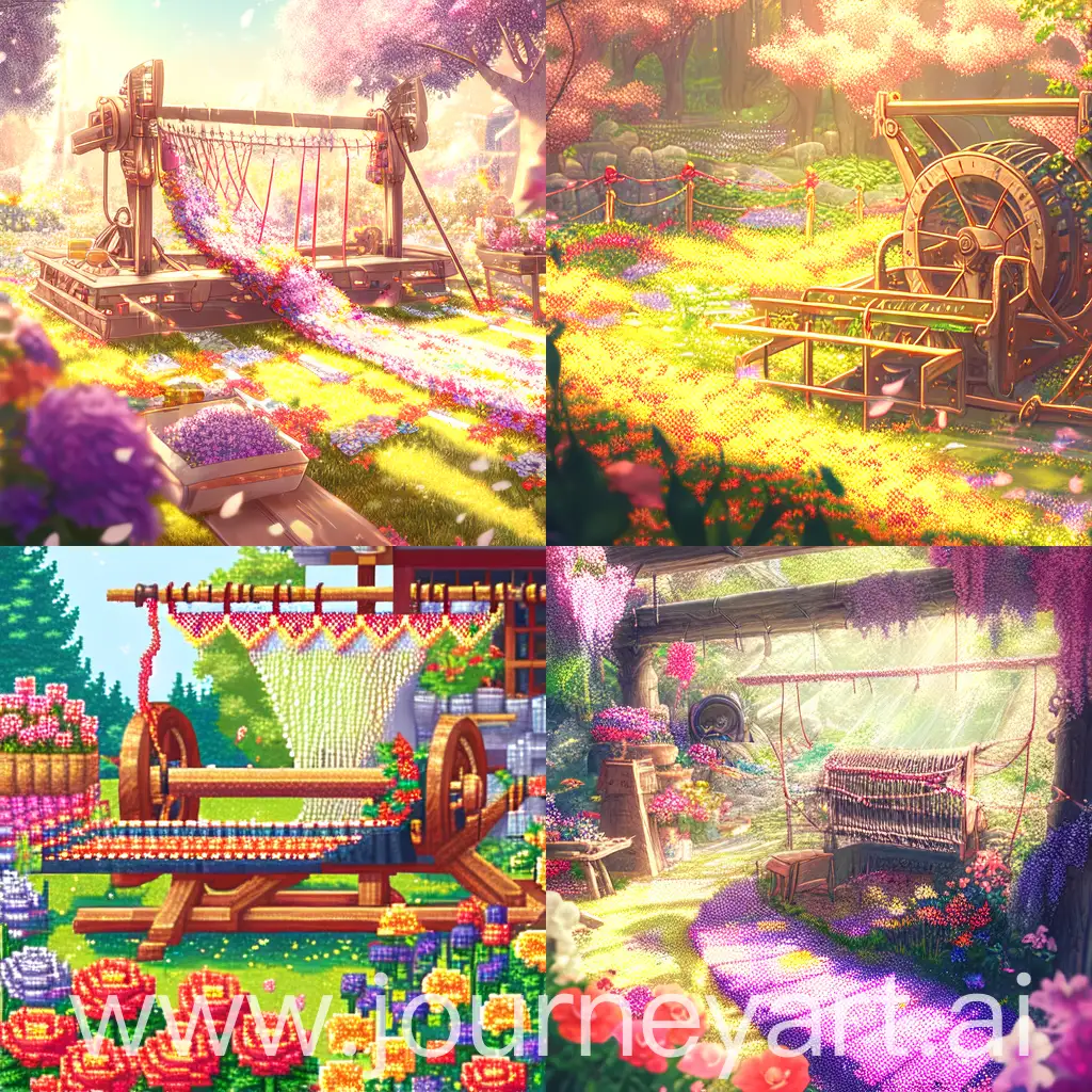 Traditional-Weaving-Machine-Surrounded-by-Vibrant-Garden-Flowers