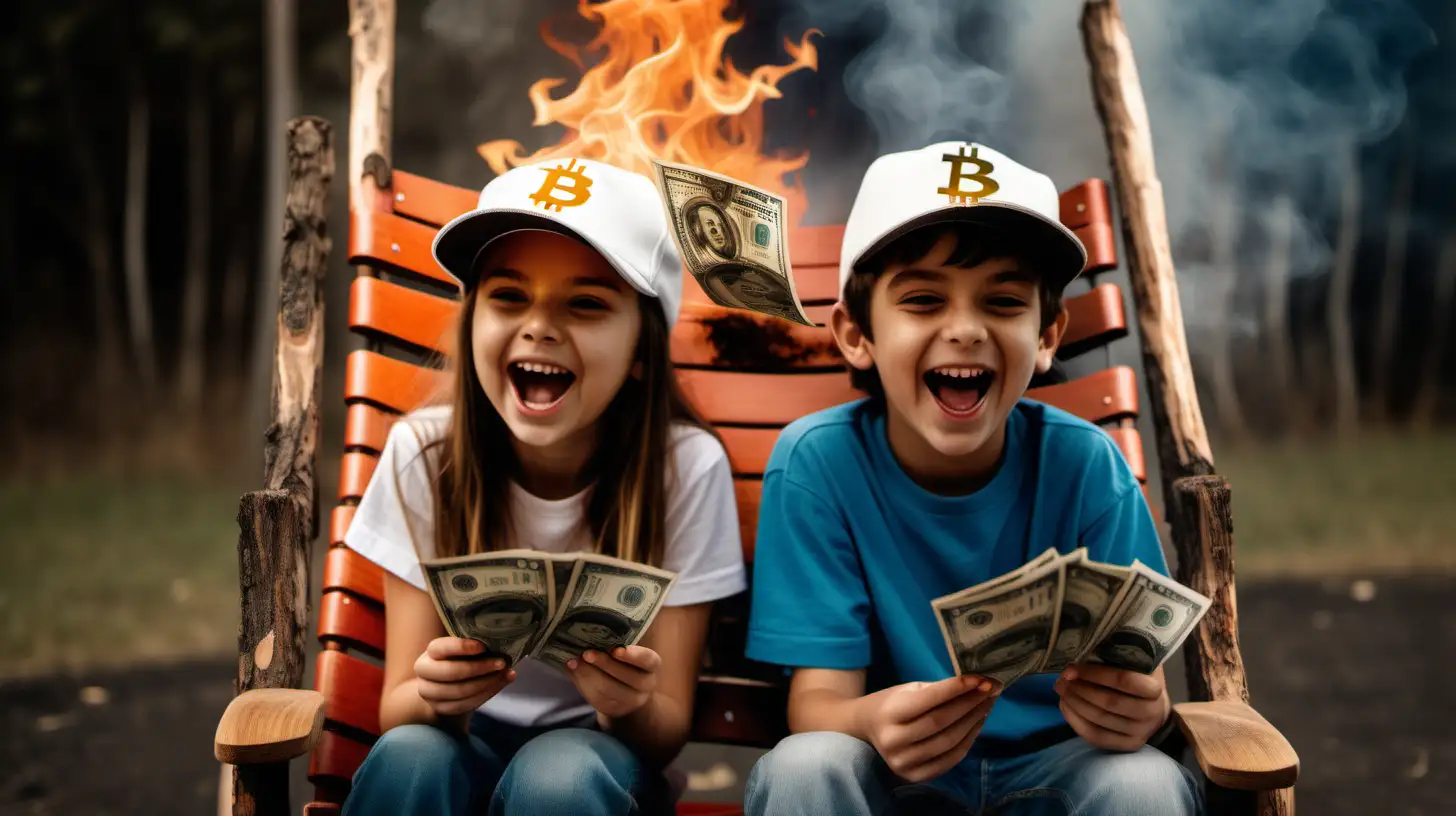 create an image with a young boy and girl sitting on rocking chairs, they are wearing Bitcoin baseball caps, they are happy and watching the US dollar notes burning on a small fire in front of them