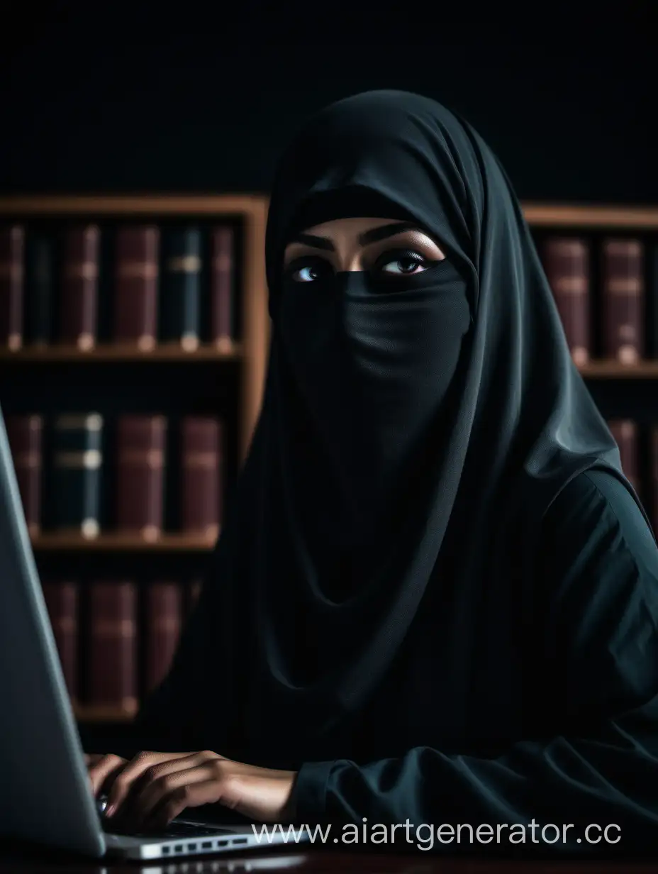 Veiled-Muslim-Woman-Working-on-Laptop-in-Serene-Library-Ambiance