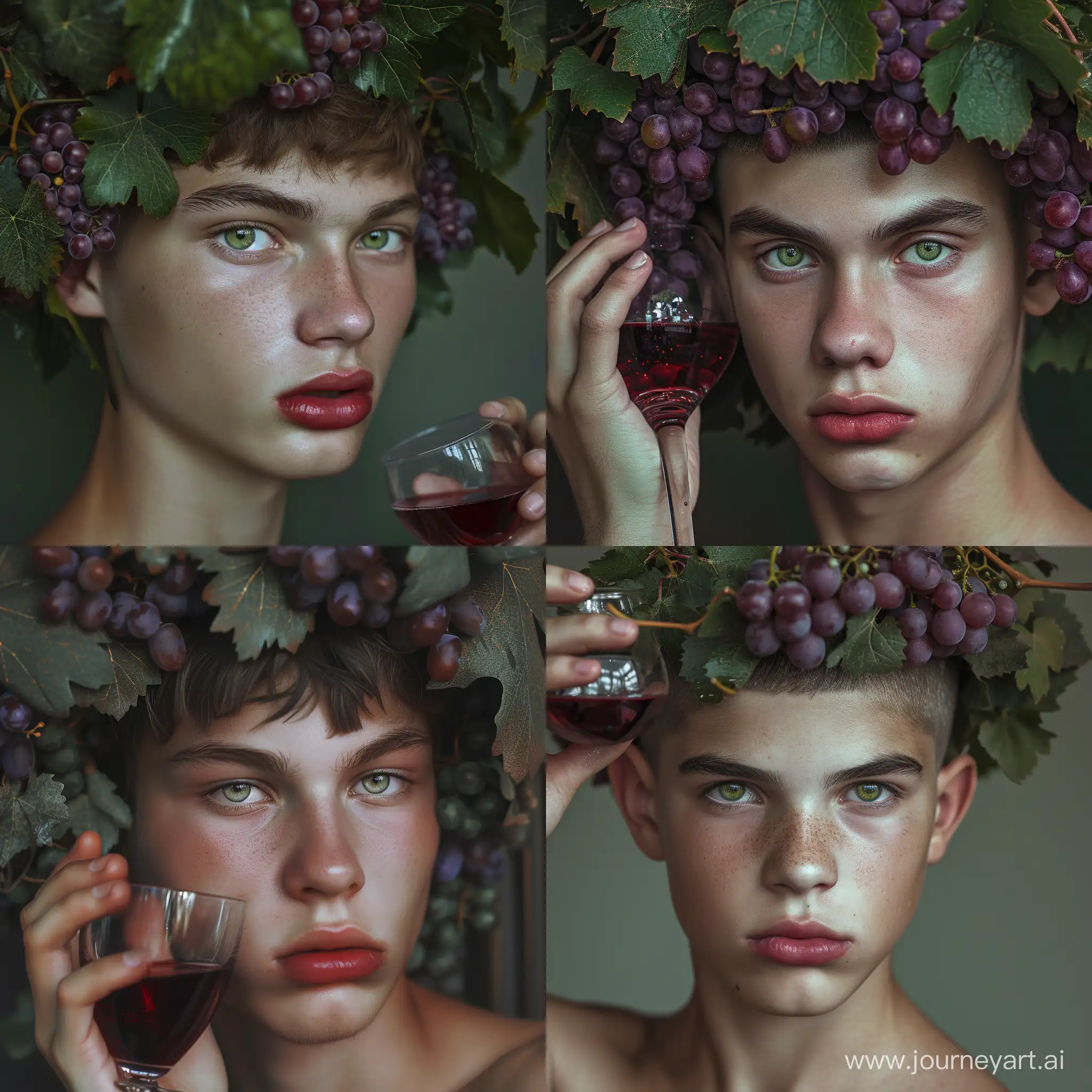 RAW photo a slender 20-year-old guy, gray-green eyes, elongated oval face, plump lips, brown hair, short haircut, Slavic type of appearance, the image of Dionysus with a wreath of grapes framing his head, in his hand a glass of red grape wine, high detail, realism, fashion photo shoot, hyperrealism, Canon photography, imperfect skin