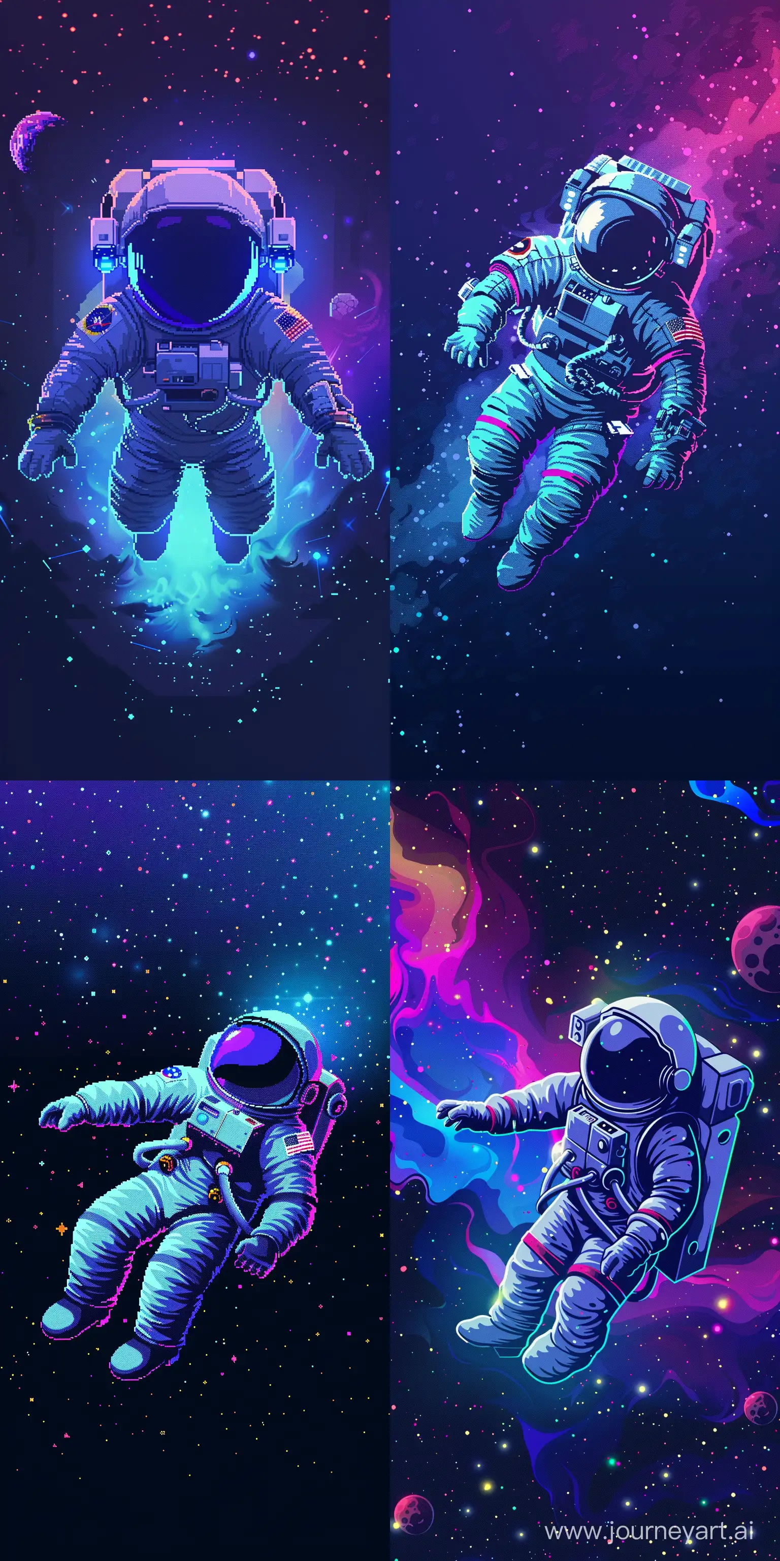 A 8-bit Illustration, Pixel Art, An Astronaut is in a Dark Space, Blue & Purple Gradient Shape --ar 1:2