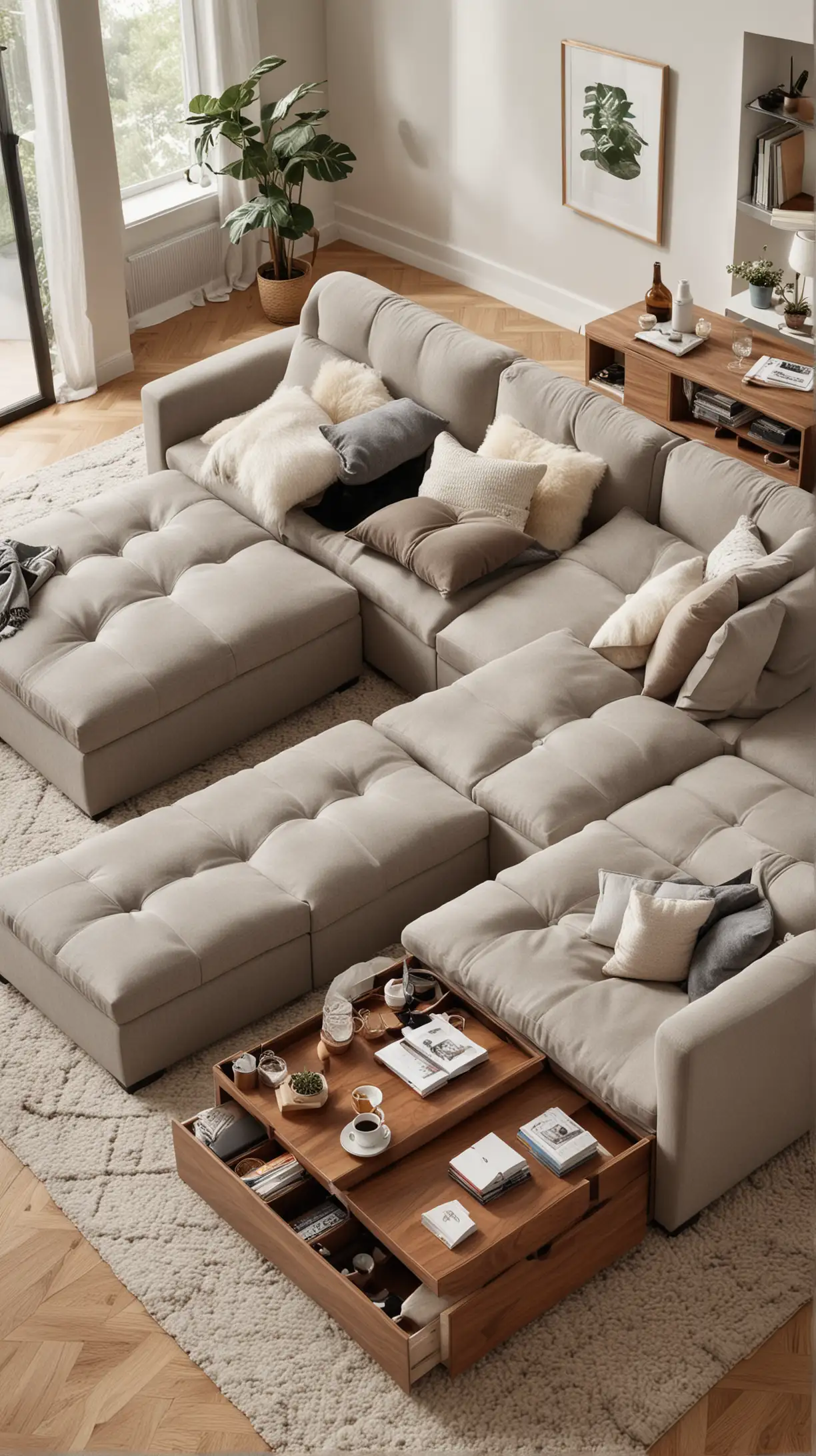 Contemporary Living Room with Stylish Storage Furniture Ottomans and Coffee Tables with Hidden Compartments