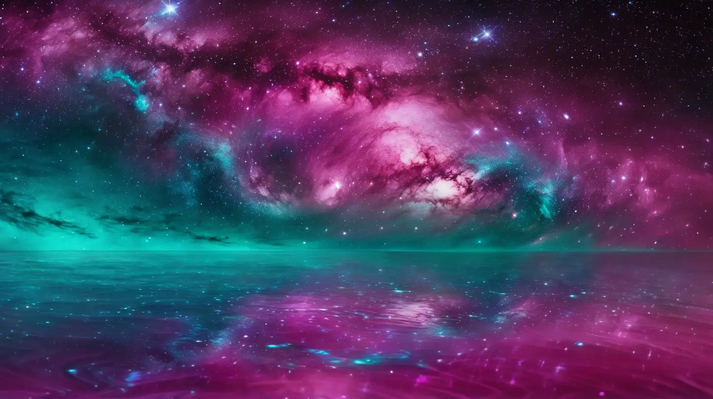 magenta and teal pond waters and waves over a galaxy sky