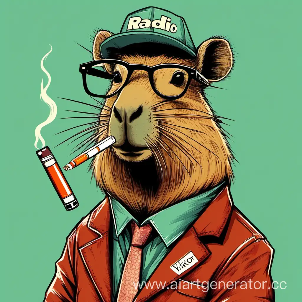 Cool capybara in glasses and with a cigarette with the inscription "RADIO VIKTOR"