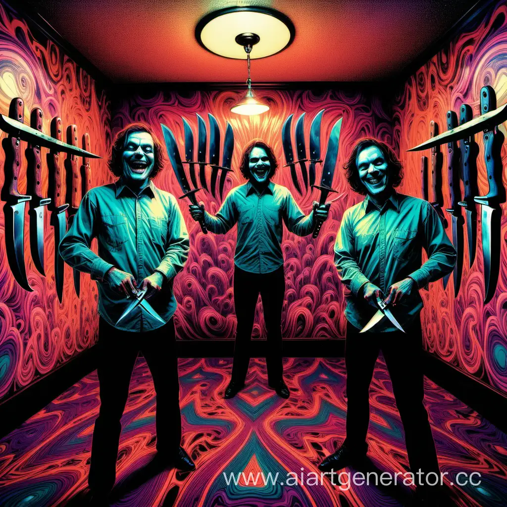 Psychedelic art with Two scary man smiling in a room with knifes. 