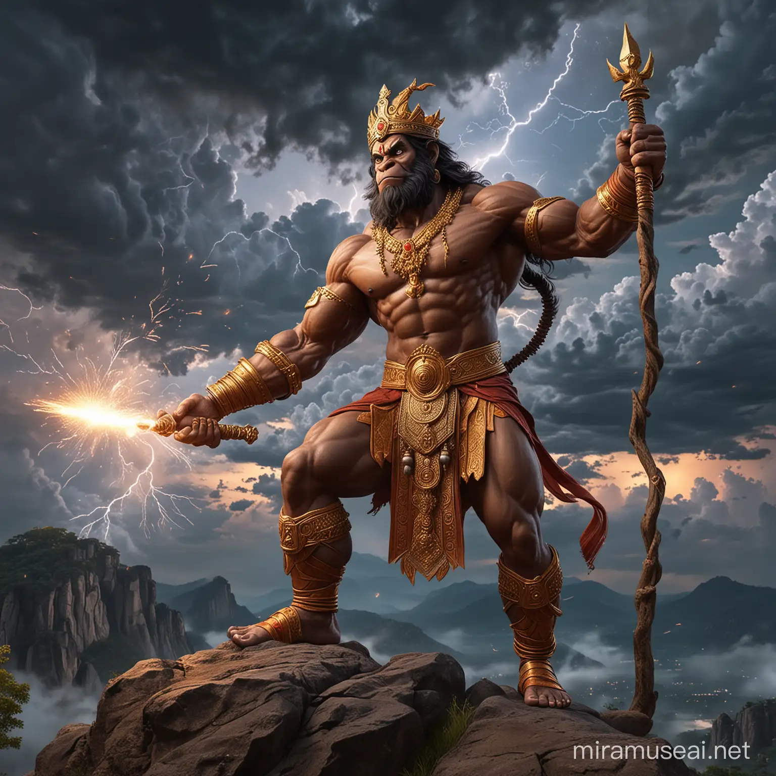God Hanuman very muscular, tall, holding a huge Golden mace bomb in right hand pointing to the sky, wearing golden crown, standing on a hill top, one leg stepping on a big rock, battle field in the background, detailed and intricate environment, dynamic pose, muscles defined with chiseled aesthetics, traditional attire draped elegantly, vivid, ultra realistic.

Thunders roar and lightning dances in the sky, painting it with wild, vibrant colors. Each bolt of electricity illuminates the darkness, revealing the intricate patterns of clouds swirling like celestial brushstrokes. The rumble of thunder echoes through the air, shaking the earth beneath with its power. Nature's own fireworks display, a spectacle sky.
