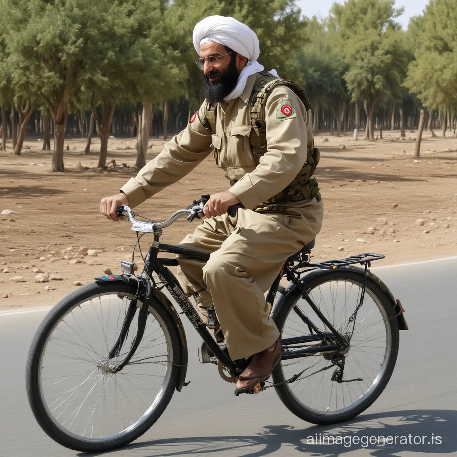 Hassan ruhani riding a bike، wearing war suit