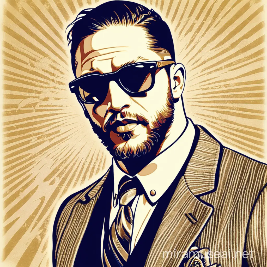 Tom Hardy, a prophet of world peace, advocate for peace, love and prosperity, retro style artwork, wearing sunglasses 
