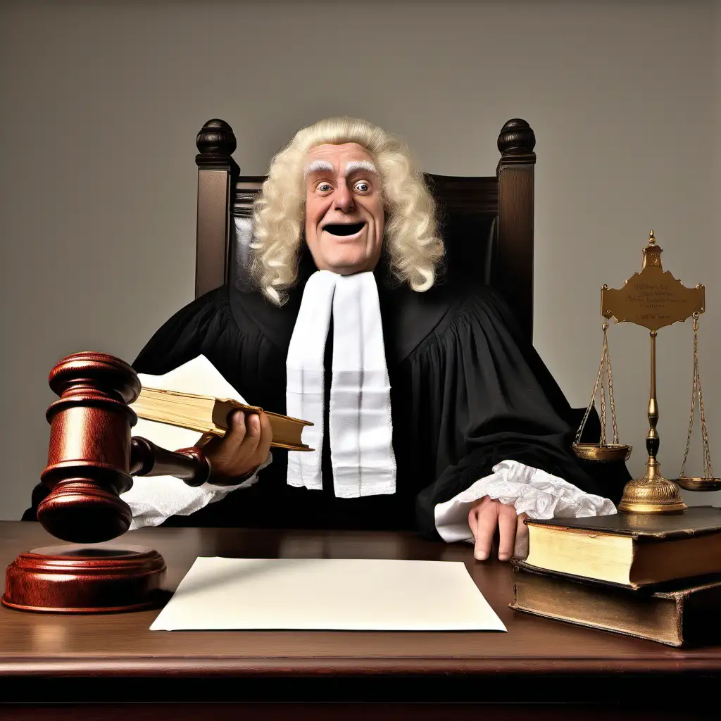 The top is reserved for blank space. Generate a real photo with humor.  The painting is supposed to be a funny elderly judge from the Victorian era who looks sleep-deprived but is smiling.  An impressive judicial wig rests on his head and he is wearing a traditional judicial robe.  He sits at a Victorian-era desk covered with piles of files.  He holds a characteristic judge's gavel in his hand.  There will be an inscription at the top of the photo, leave some space blank at the top.  The photo must have a white background and be from the Victorian era. Without any subtitles or texts
