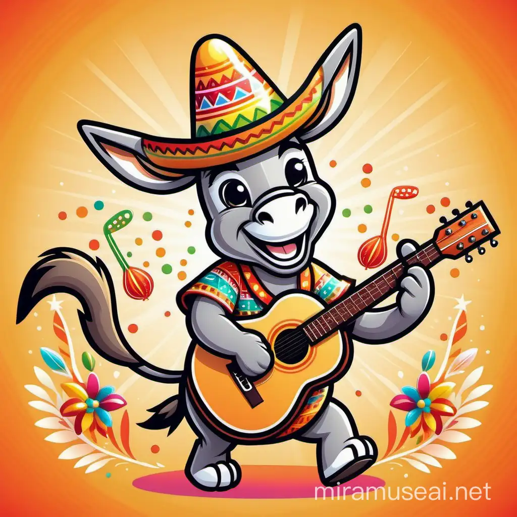A vibrant and energetic illustration of a donkey mascot wearing a festive sombrero, playing a guitar. The mascot has a cheerful expression, and the guitar has a tropical design with colorful patterns. The background is a lively Cinco de Mayo celebration, with people dancing and enjoying the festivities. The illustration is created in a vector lineart style, giving it a clean and eye-catching appearance.



