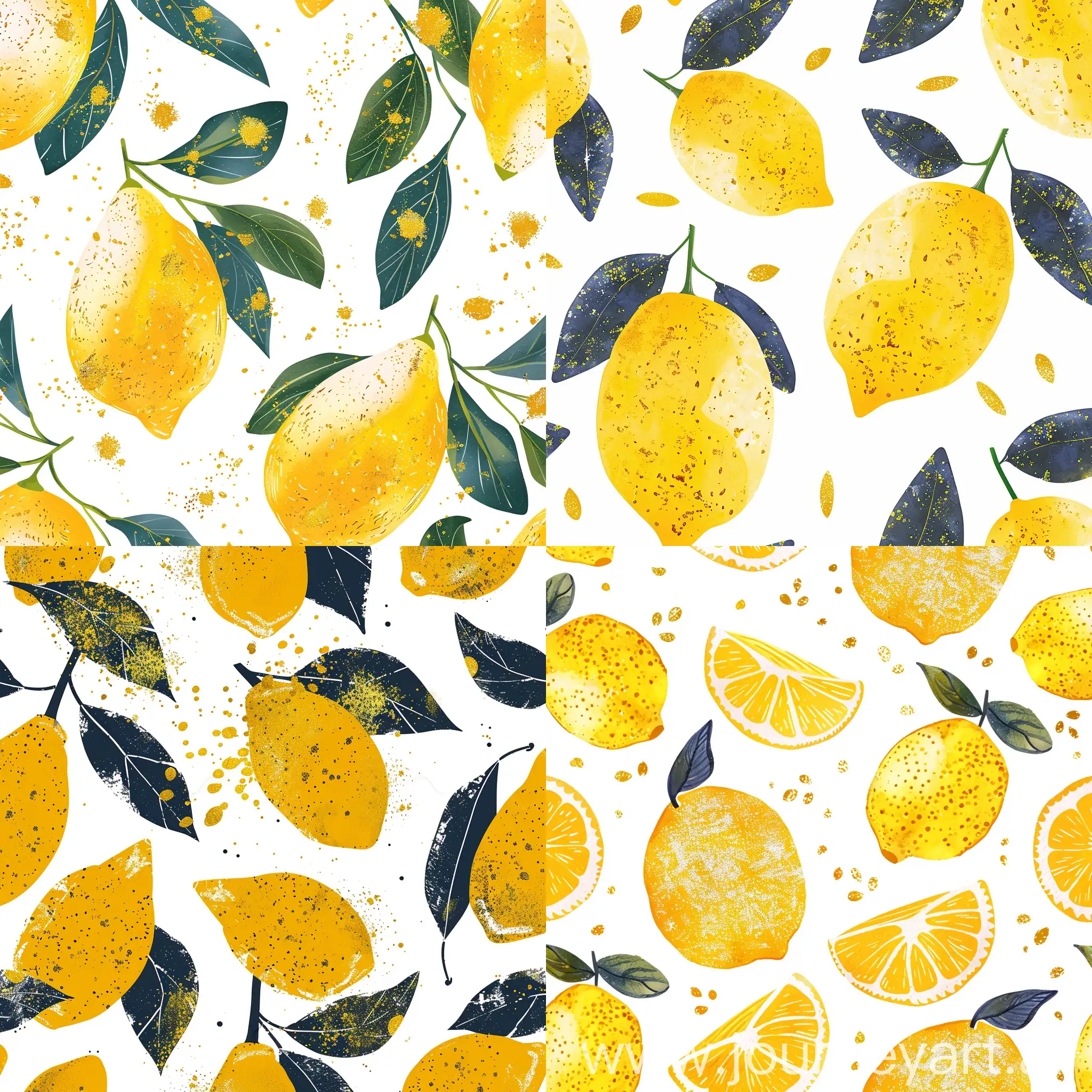 Yellow Lemon Seamless Pattern, With Gold Glitter, Digital Illustration, Clean Lines, Clear Images, flat style
