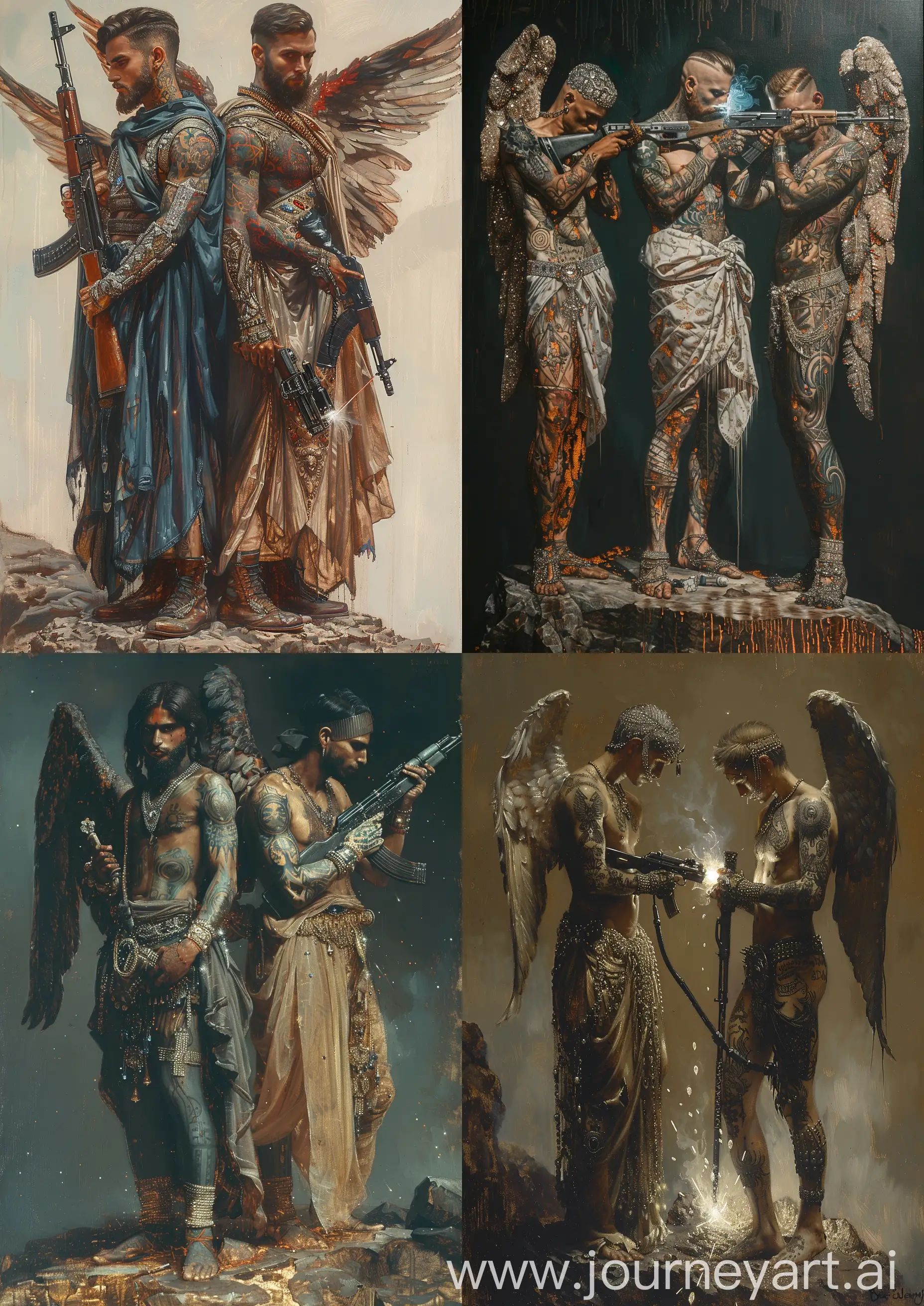 Edward Burne-Jones oil painting of 2 tattooed angel warriors wearing sci-fi chromatic clothes ornate in diamonds, silk and robes, welding a Kalashnikov riffle, standing on a rock, high tones, high detailed, full body —c 22 —s 750 —v 6.0 —ar 5:7