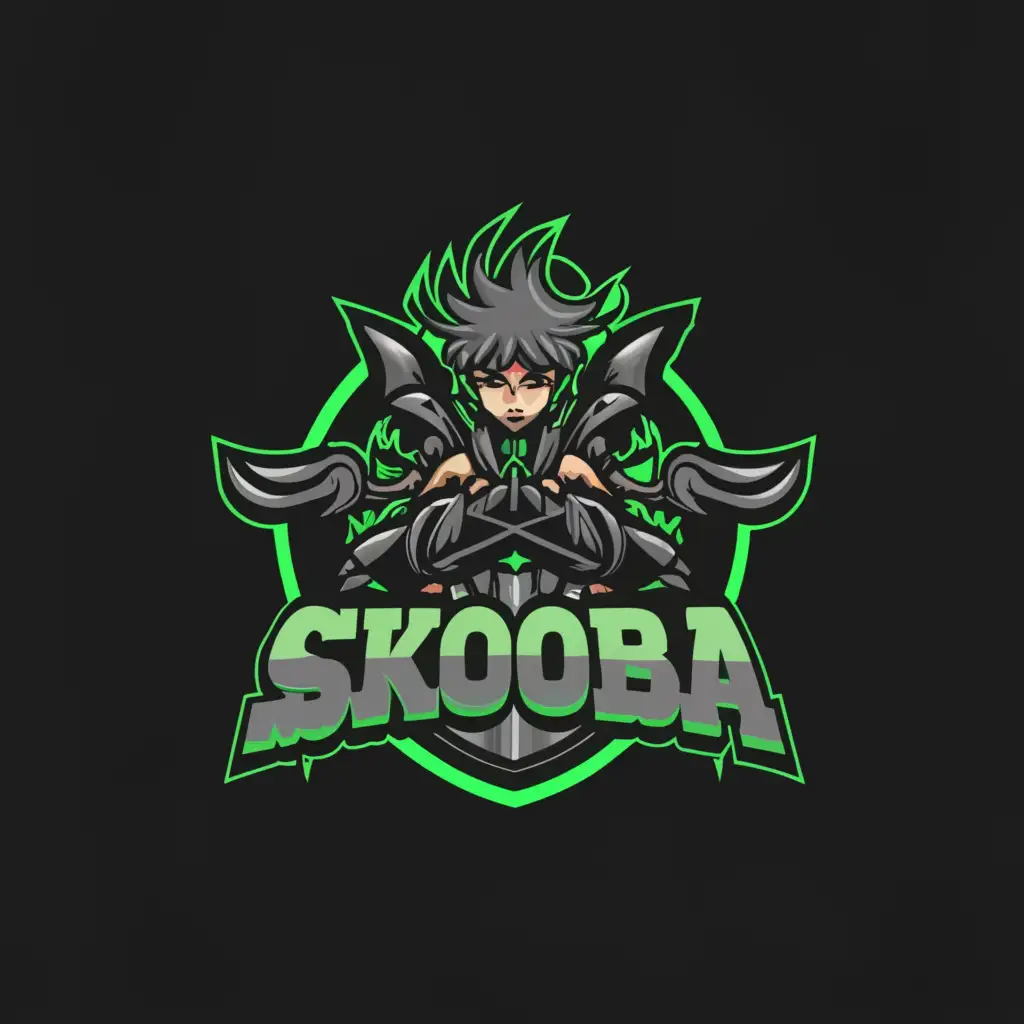 a logo design,with the text 'Skooba', main symbol:Gothic, fighter, Dark, green, vibe, anime, person,Moderate,clear background