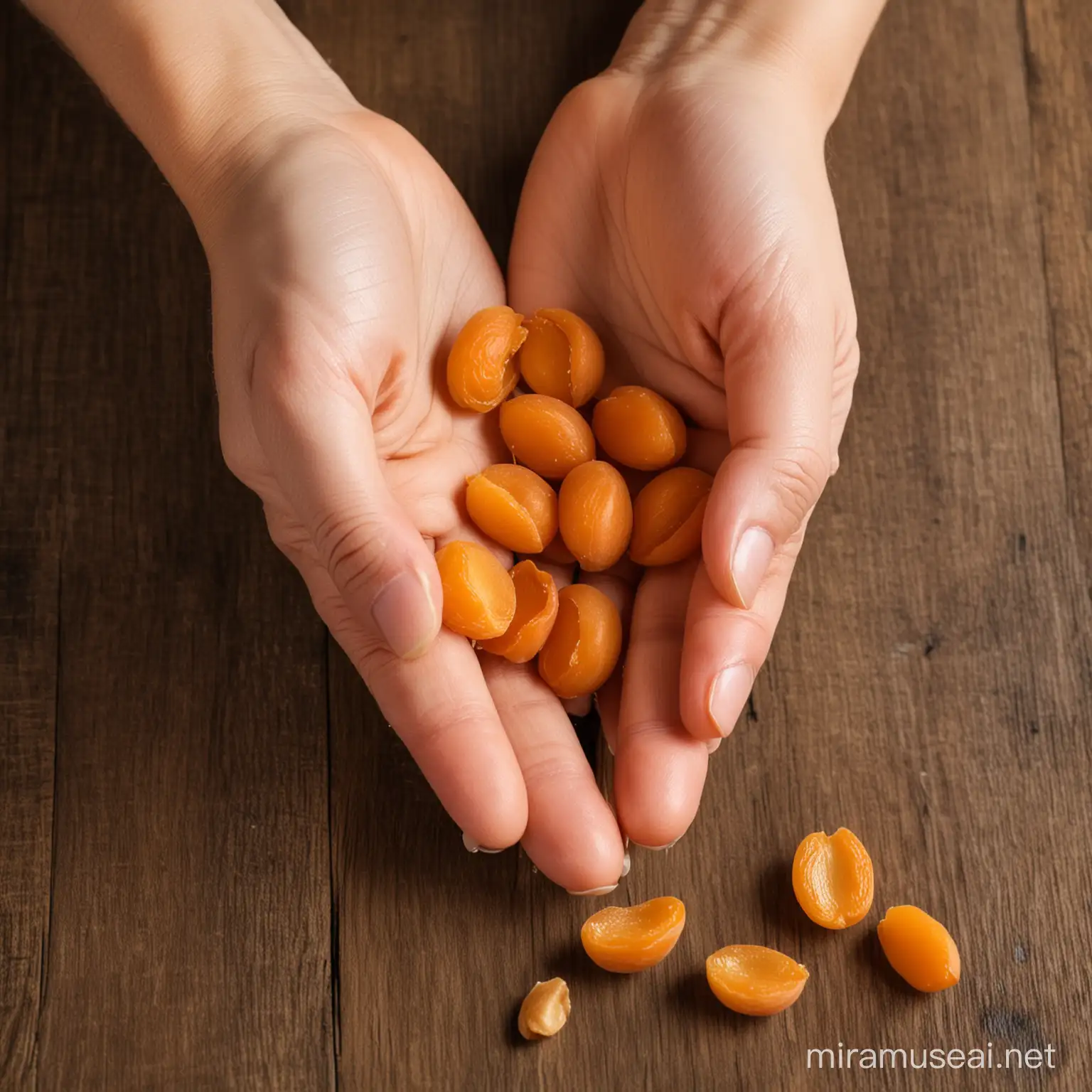 Hand Holding Apricot Kernel with Draining Oil