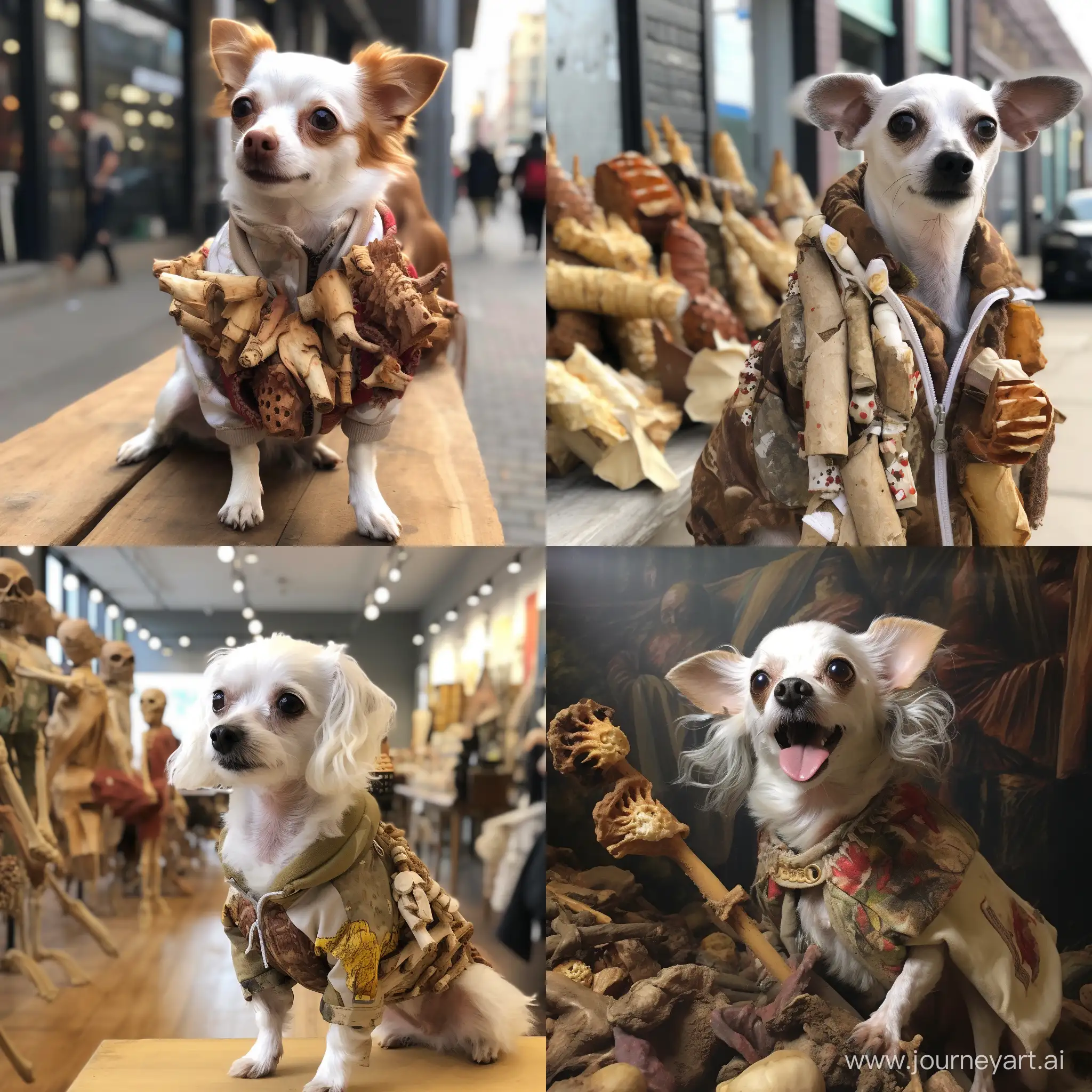 Urban-Canine-Fashion-Jack-Russell-Chihuahua-in-Camouflaged-Jacket-with-Coveted-Rawhide-Bone