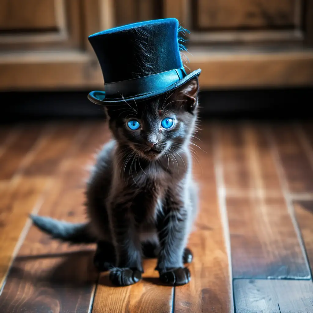 Adorable Black Kitten in Stylish Top Hat on Wooden Floors