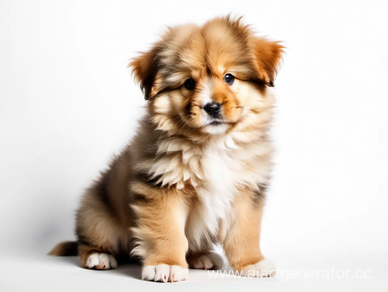 A cute fluffy puppy in full growth. White background
