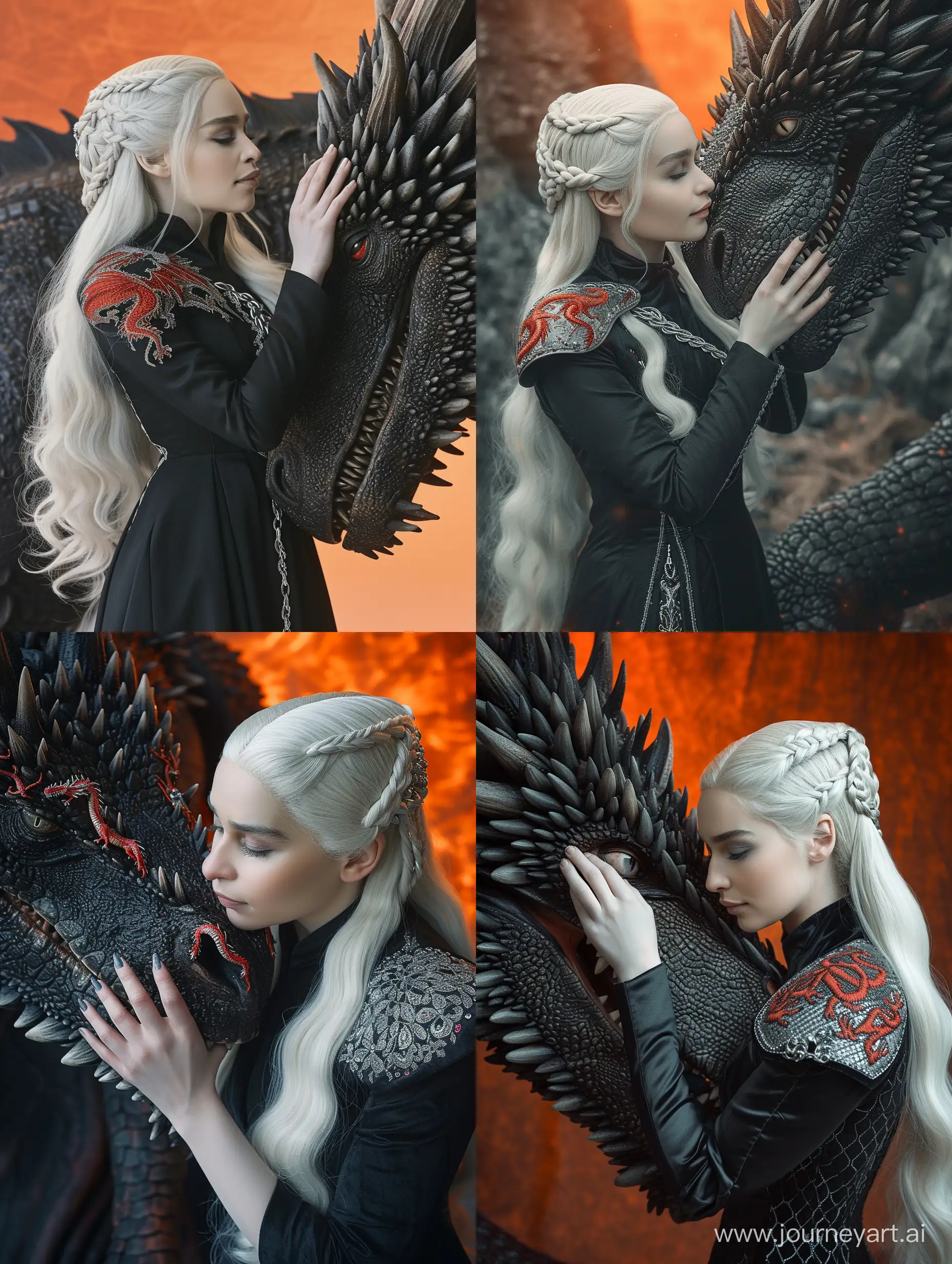 A Targaryen actress Mia Got with snow-white long hair and gray eyes, she is wearing a black floor-length dress with a pattern of red dragons on her shoulders and silver embroidery, gloomy style, Game of Thrones, she strokes the muzzle of a huge black dragon, a cold orange light