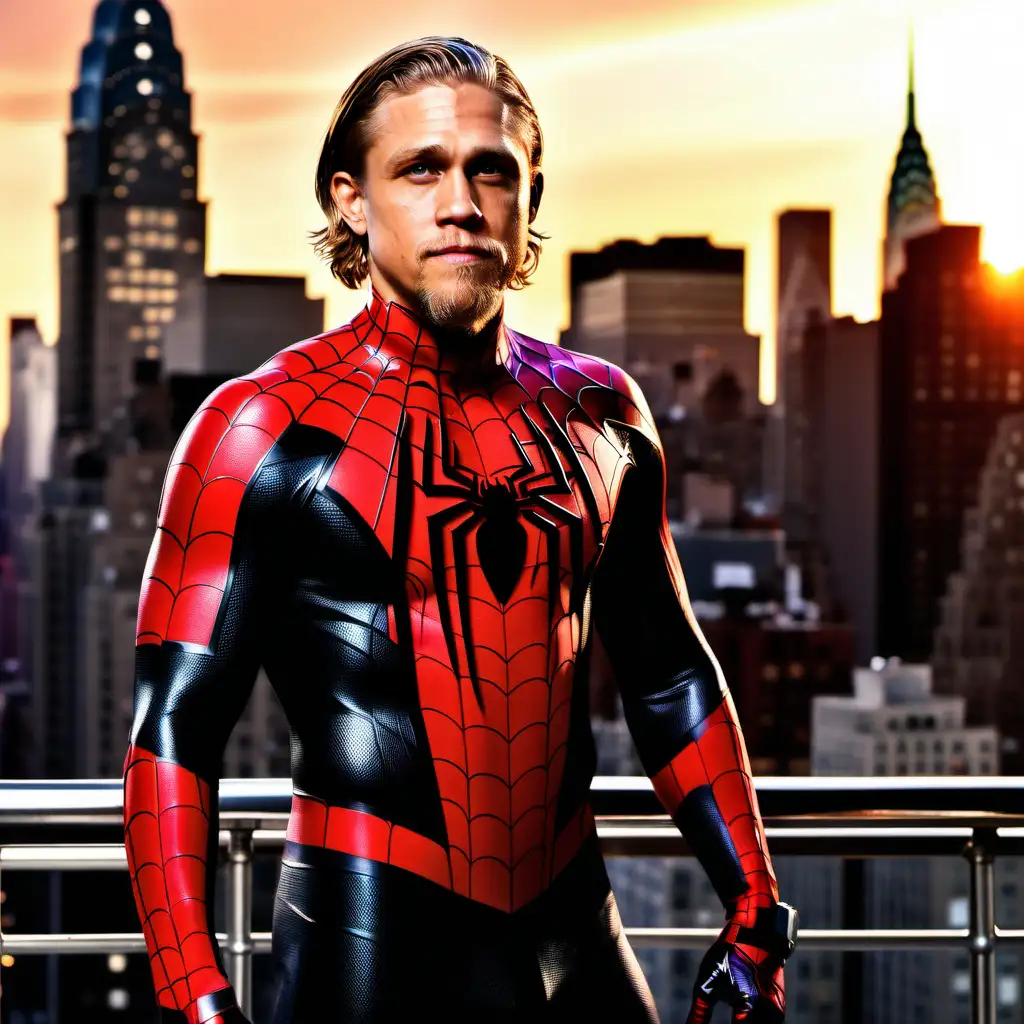 Charlie Hunnam, wearing Miles Morales Spider-man costume, no mask, no shirt, Chrysler Building in background, sunset in New York City, full body shot
