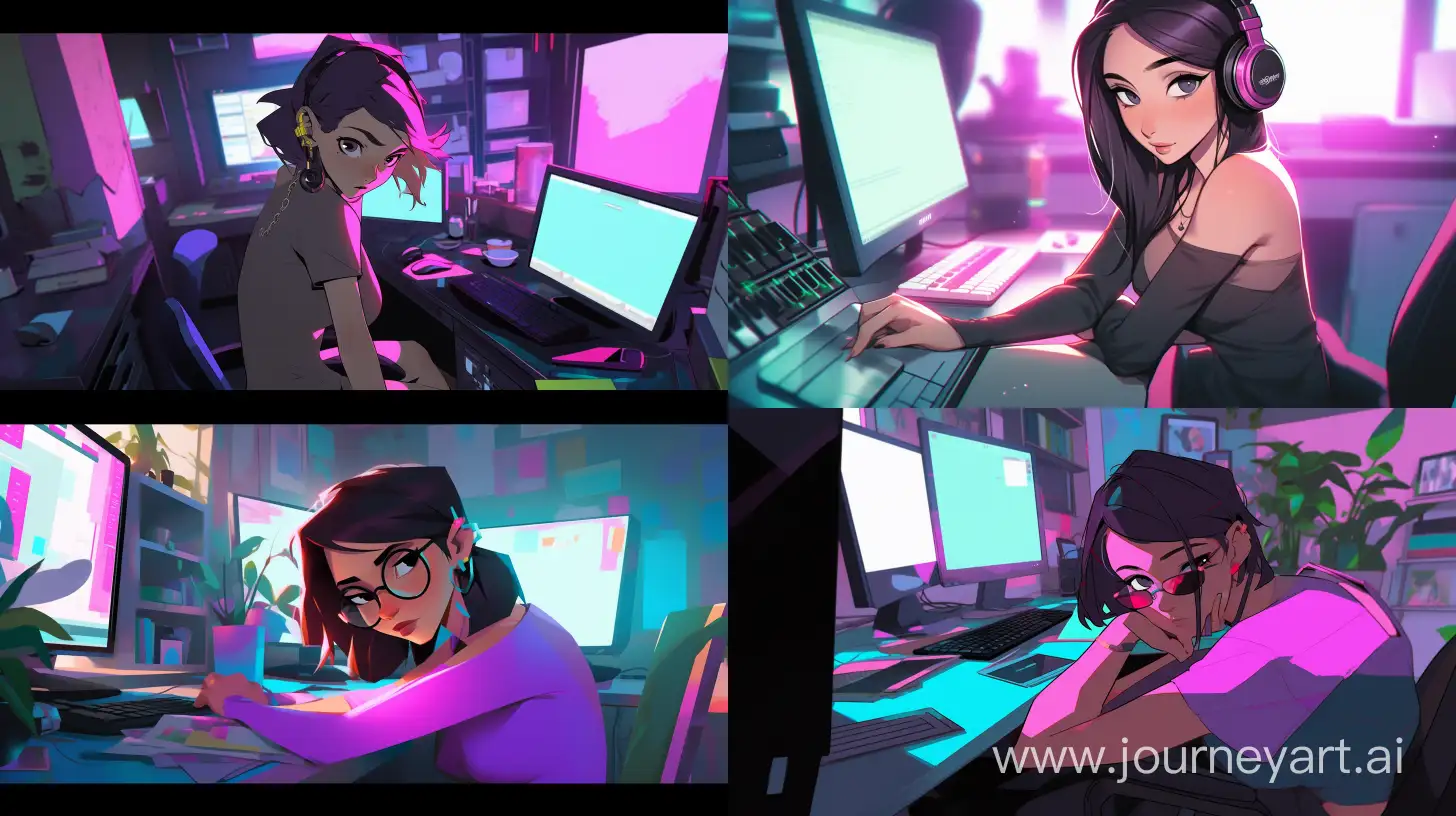 Beautiful young woman, Unique camera angle, Photorealism, Side Lighting, Woman working at a desk, Woman using a computer, Interior design, modern minimalist style, Contrasting teal, purple, and magenta --ar 16:9 --niji 5 --style expressive