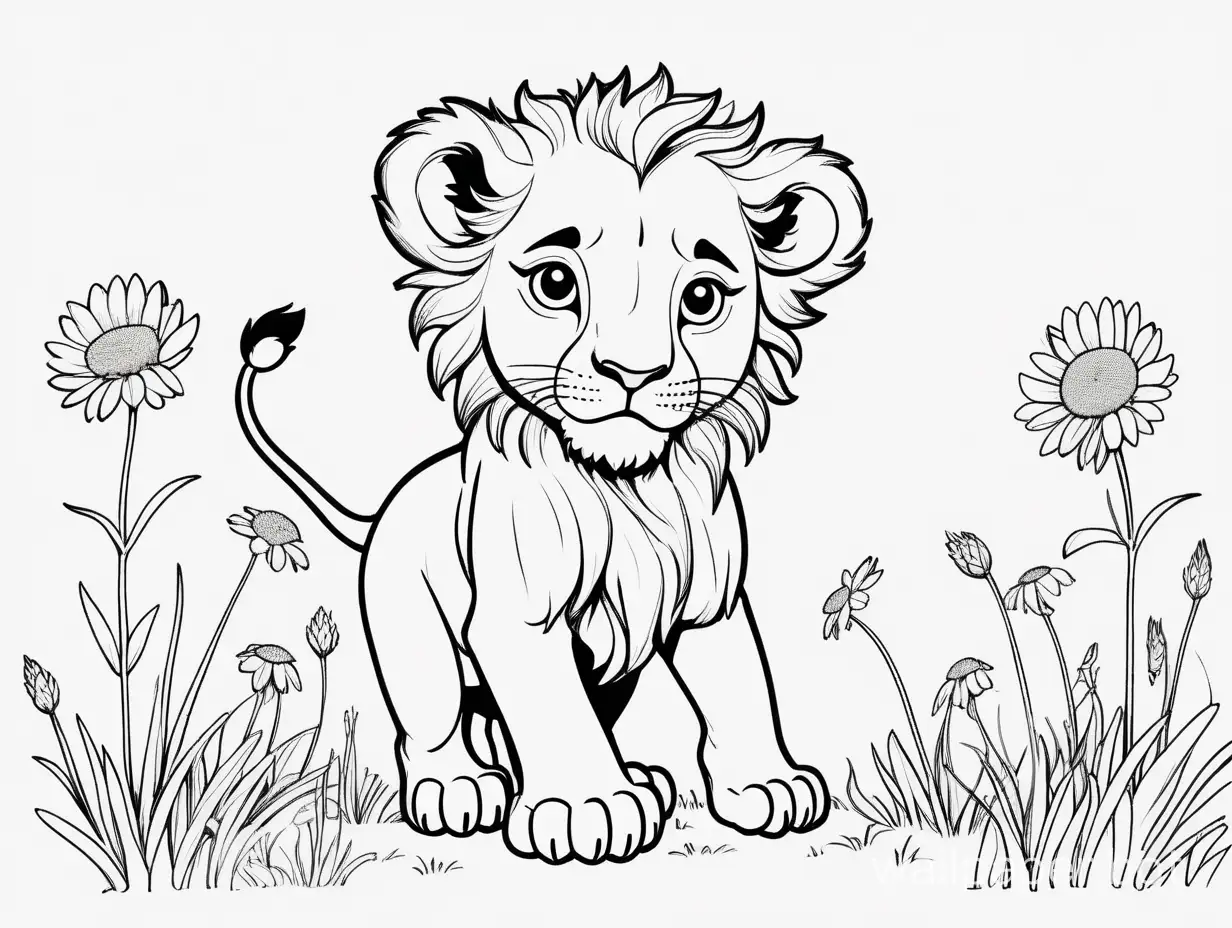 lion baby, amazing character, Adorable, quirky, sweet, funny, with very cute eyes, wildflower, ジブリ style,  comic book lineart, white background