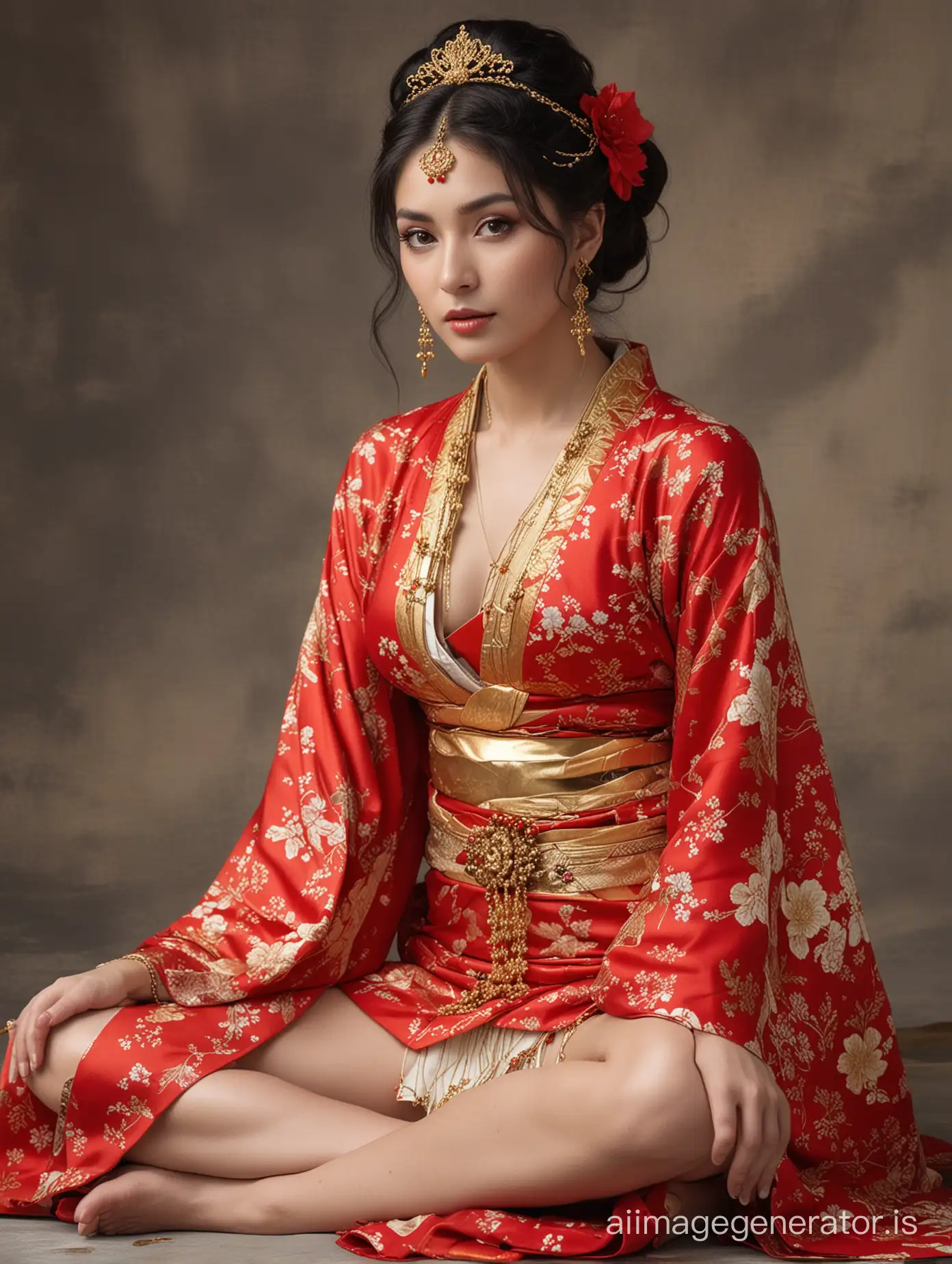 Seductive-Goddess-Shakti-in-Red-Kimono-and-Gold-Jewelry