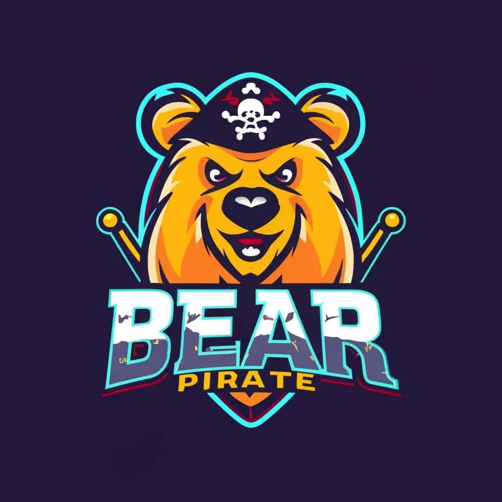 a logo design,with the text "bear pirate", main symbol:a neon, blue and yellow bear pirate,Moderate,clear background