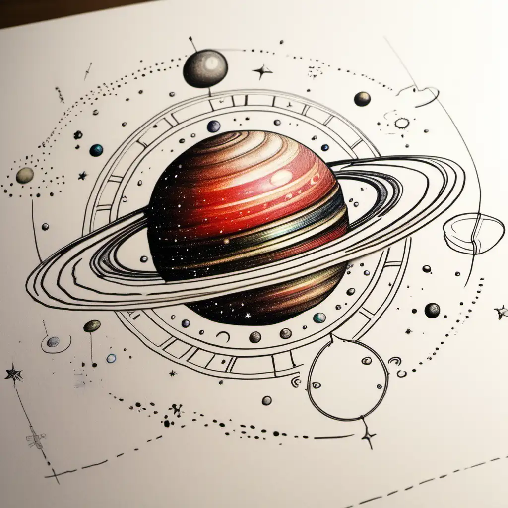 Saturn in Aries Astrology Drawings Colorful Depiction on White Paper
