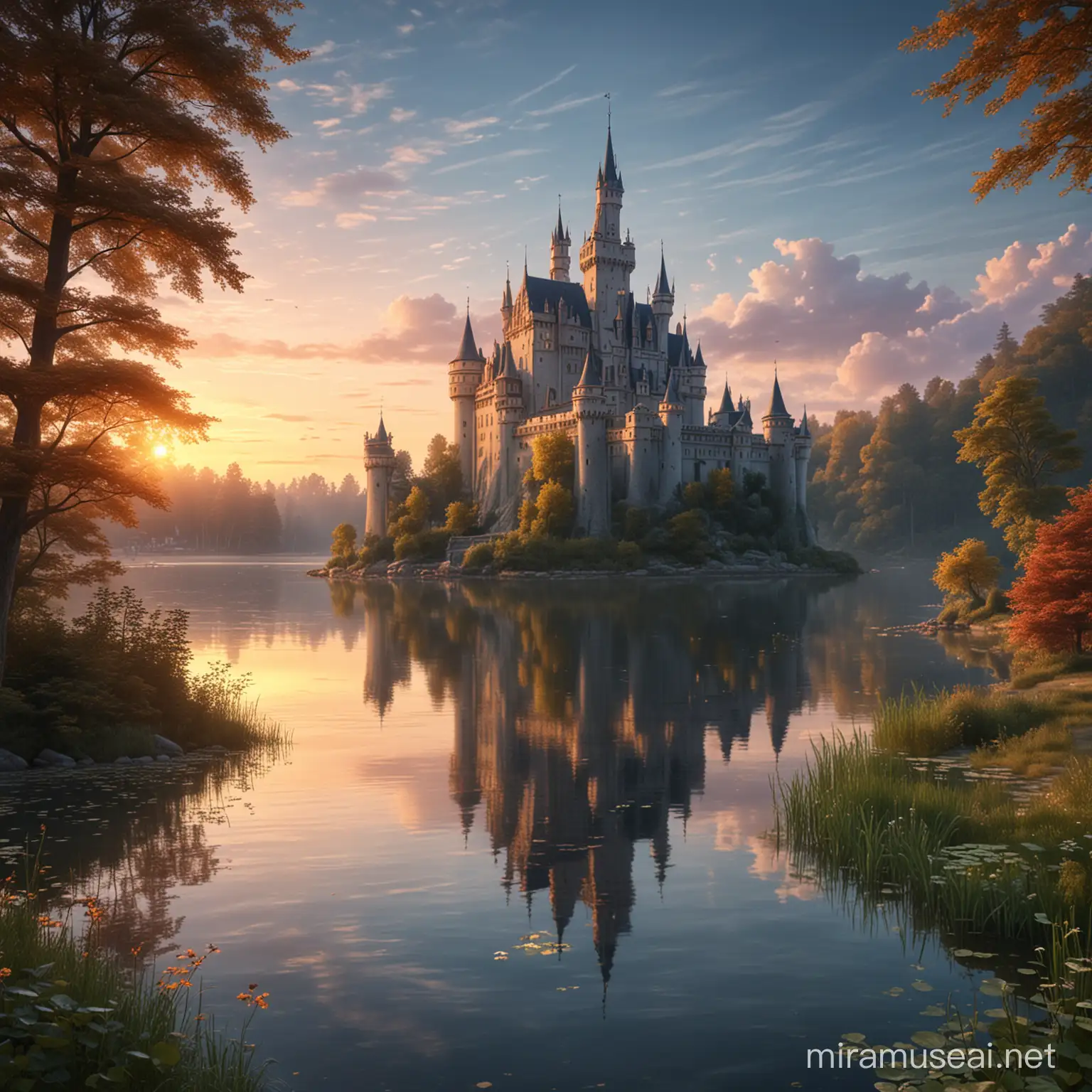 Majestic Fairy Tale Castle by a Sublime Dawn Lake