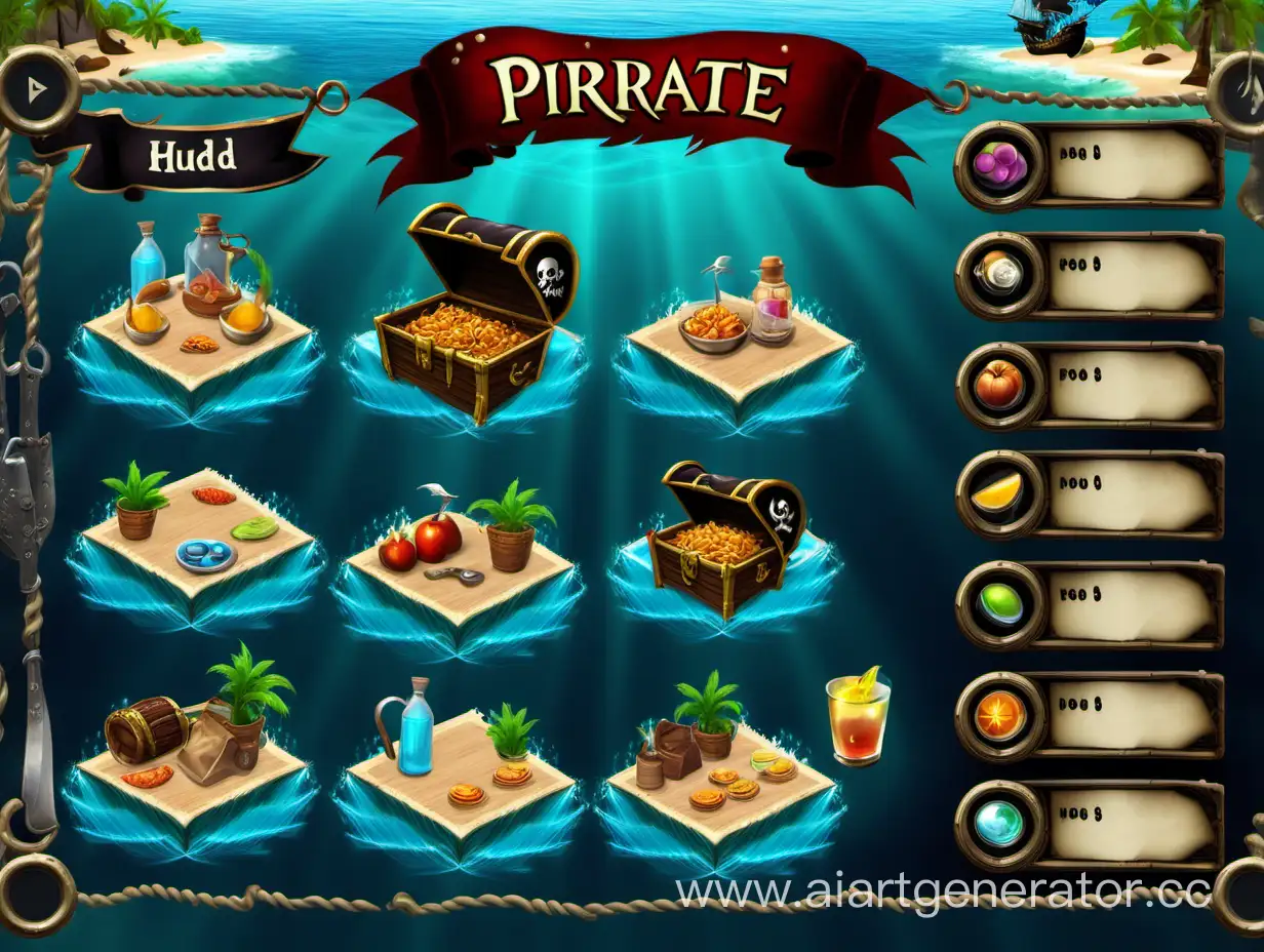 игровой HUD для игры про пиратов, 4 основных значения, значение HP, значение количества еды, значение количества воды, значение количества стамины, задний фон геймплей
